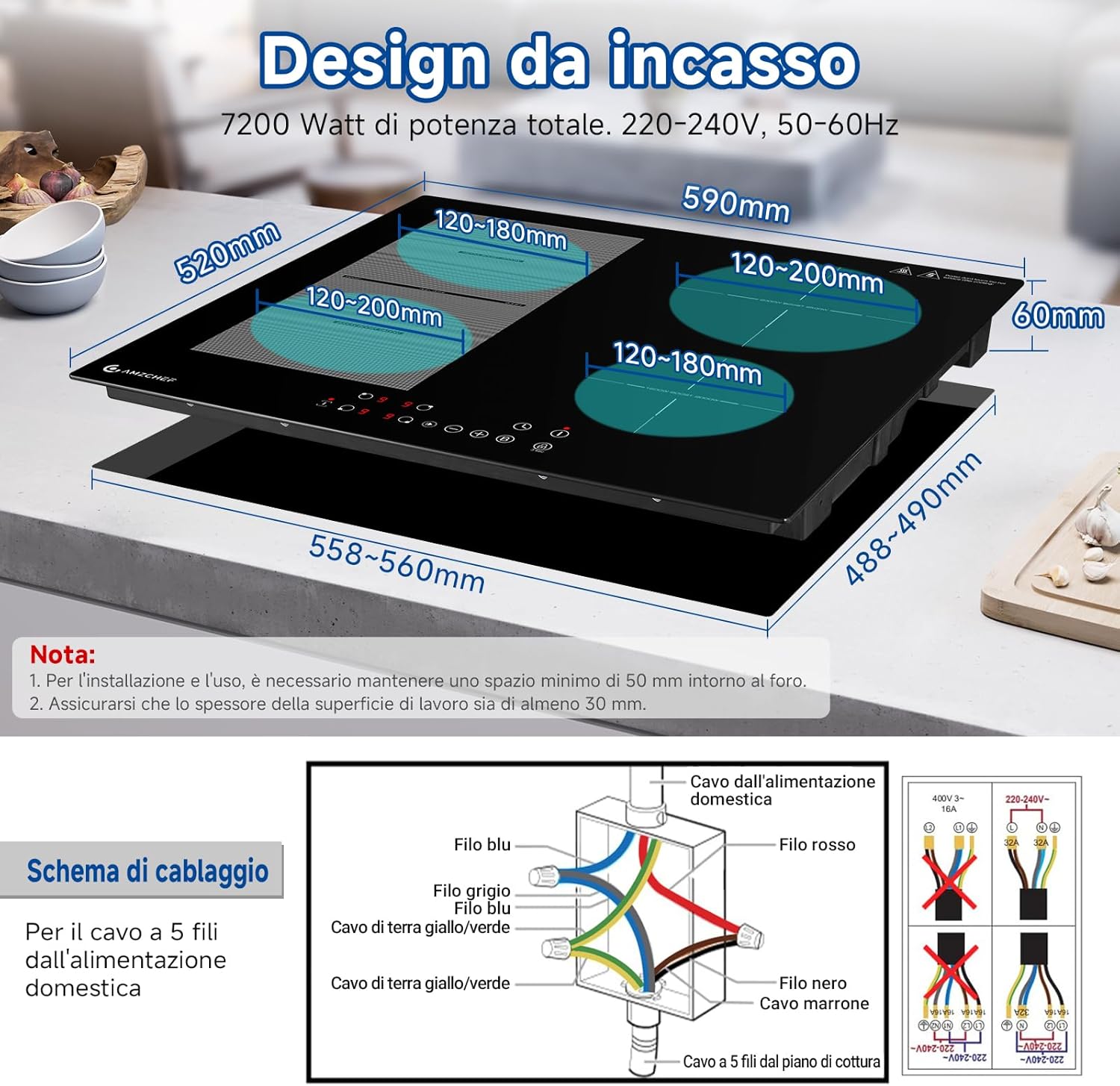 AMZCHEF Induction Hob Installation Dimensions and Wiring Diagram