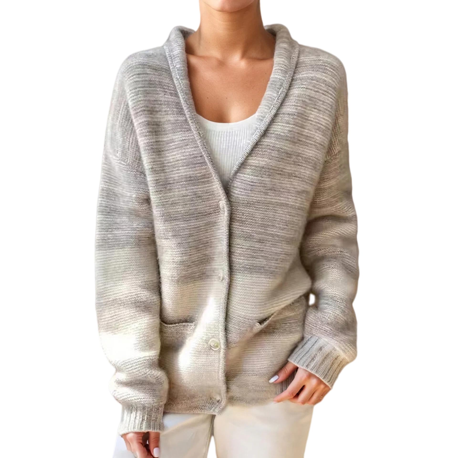 Generico Cardigan da Donna con Colletto A Revers Maglia A Righe Space Dye Cappotto A Maniche Lunghe Cardigan di Media Lunghezza con Tasche per Donna Chiusura con Bottoni Scollo A V Capospalla Leggero