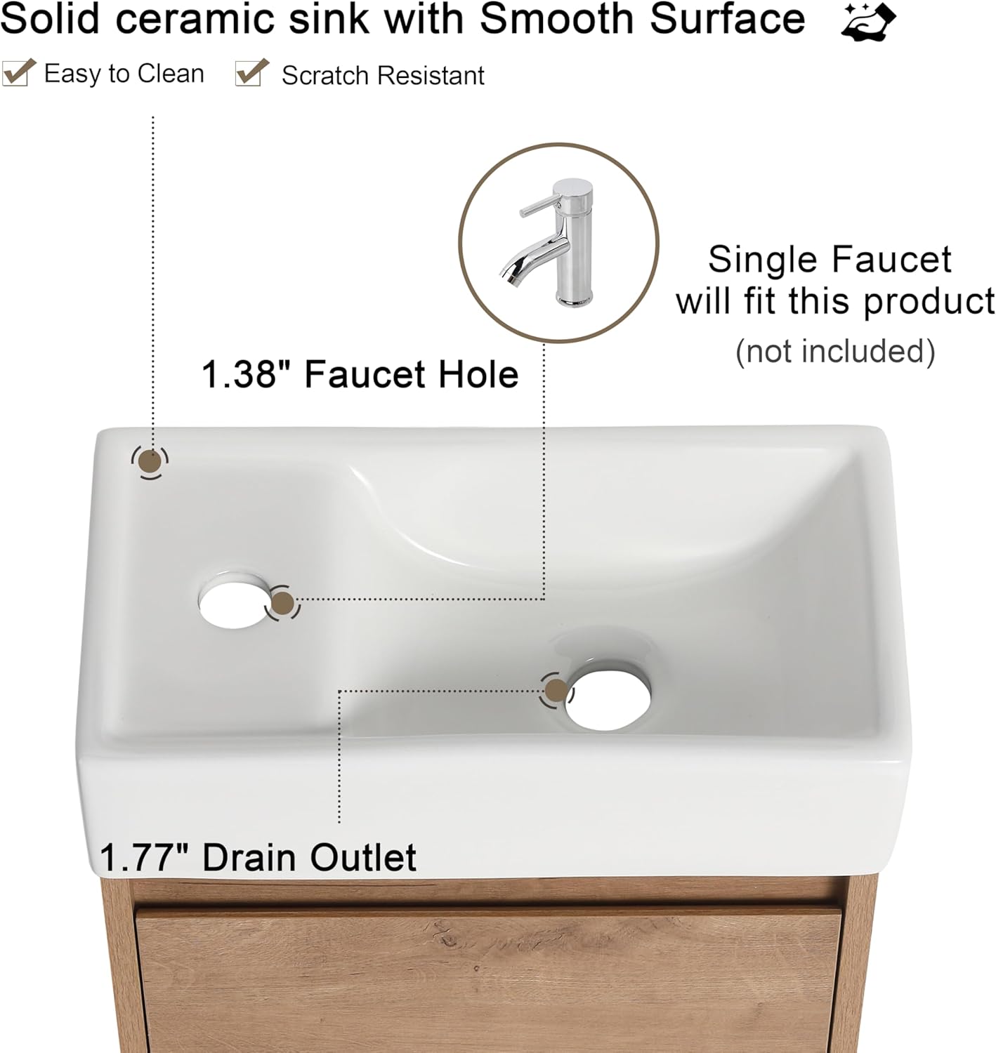 Malwee Bathroom Vanity with Ceramic Sink Set, 16 Inch Bathroom Cabinet Vanity for Small Space, Modern Freestanding Undermount Bathroom Sink Storage Cabinet with 1 Soft-Closing Door, Brown(034-16)