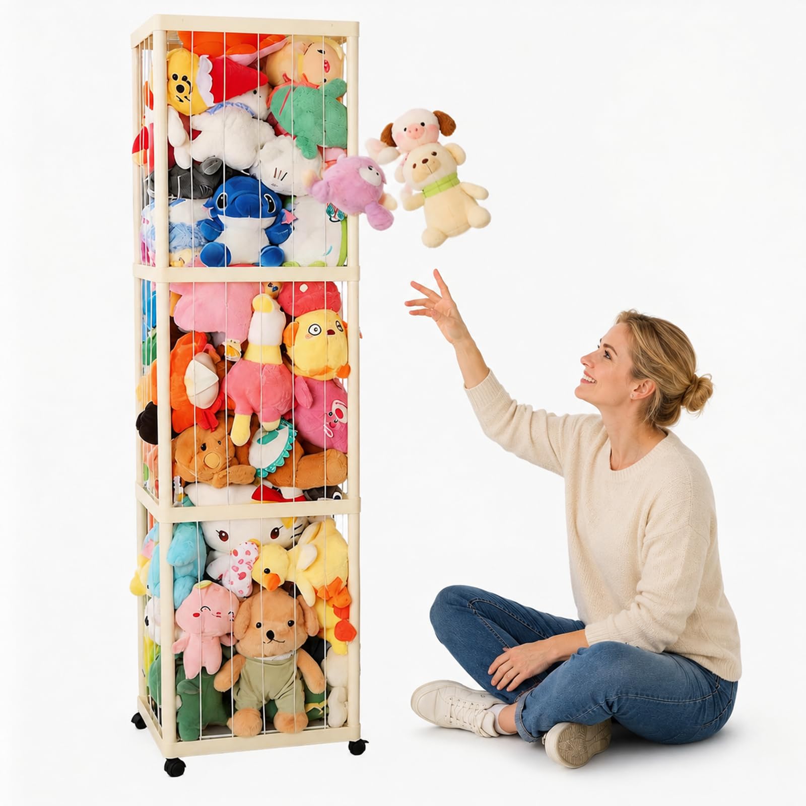 Kuscheltier Aufbewahrung, Stofftier Aufbewahrung mit Elastisches Band und 360°Bremse-Ausgestattete Räder Plüschtier Lagerung Kuscheltierzoo für Kinderzimmer Spielzimmer Schlafzimmer Organizer