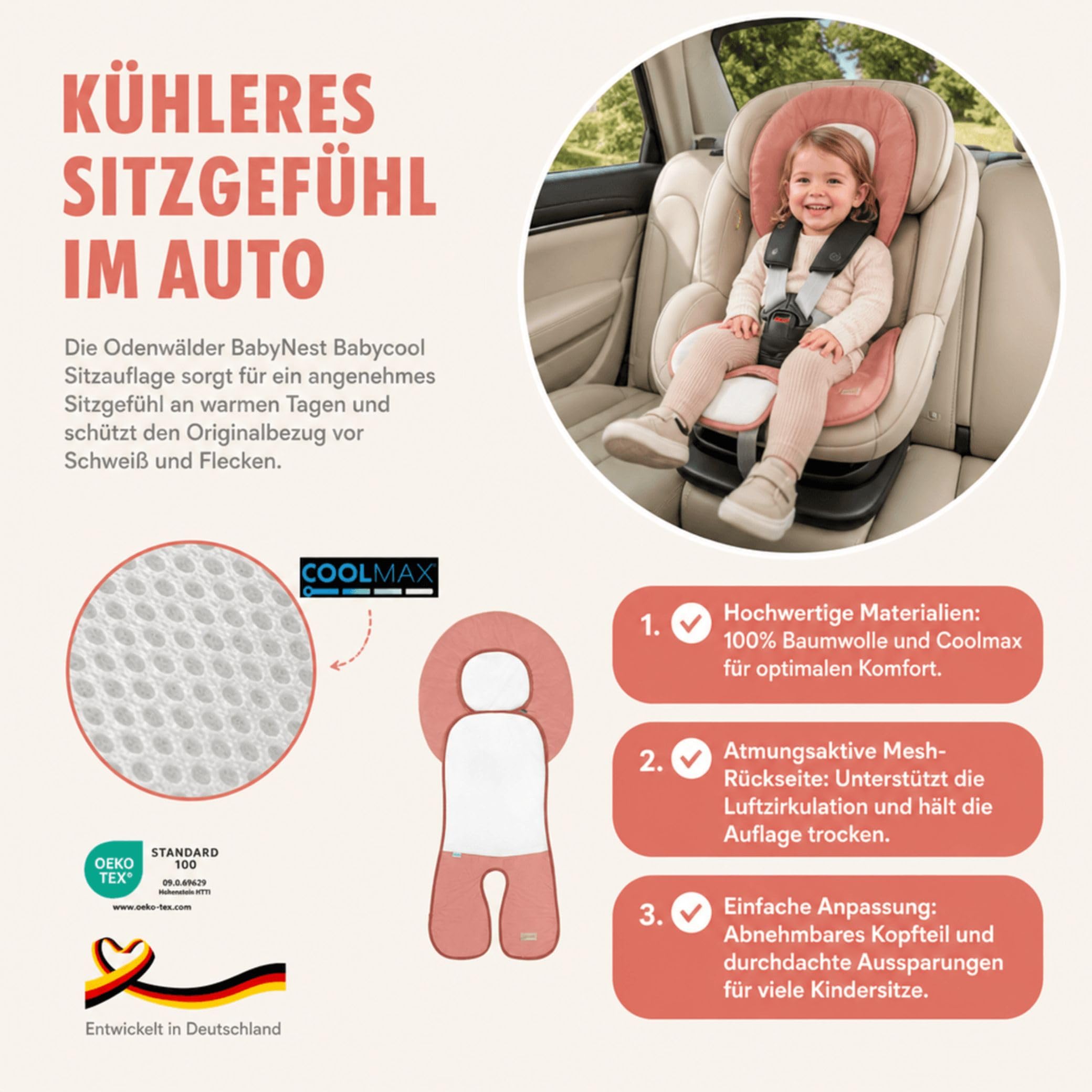 Odenwälder Babycool Sitzauflage für Autositze I Atmungsaktive Sommer Sitzeinlage Autositz I Schonbezug atmungsaktiv I Sommerbezug - Kühlt und schützt den Sitzbezug vor Flecken
