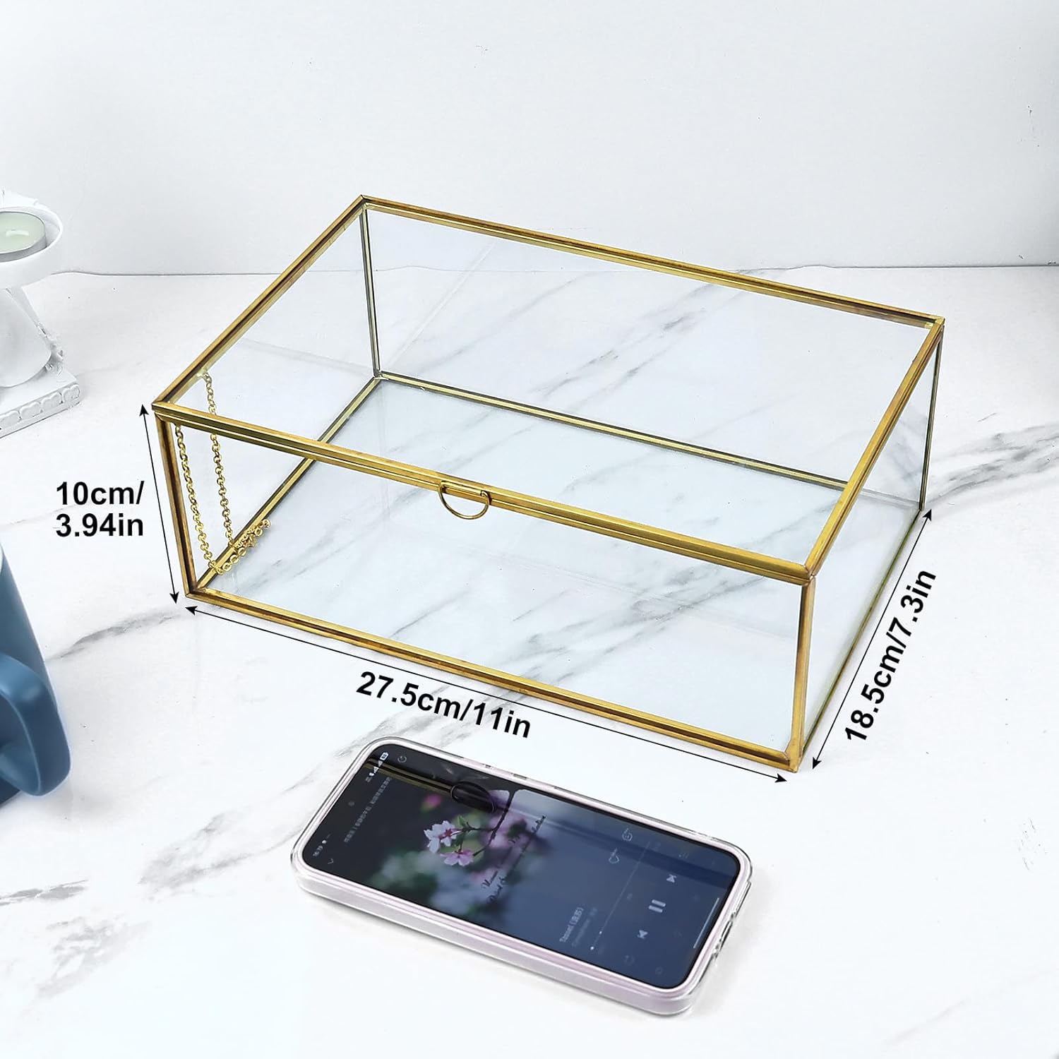 HighFree Vintage Glass Box with Lid - Clear Jewelry Glass Display Box Keepsake Box - Home Decor Decorative Box for Trinket Rings Bracelet (Gold, Large)
