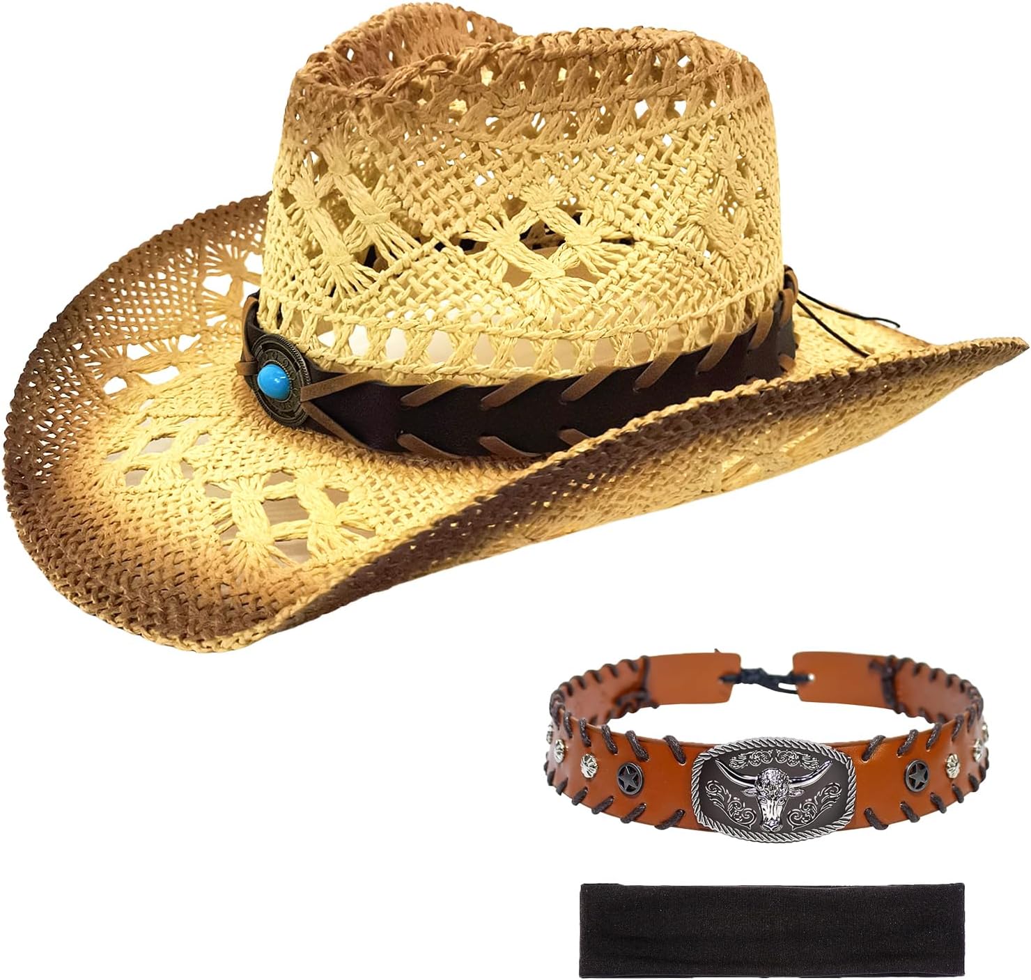 Men's Women's Western Straw Cowboy Hat, Cowgirl Sun Beach Hat with Two Decorative Bands and a Hair Band, Wide Brim Brown