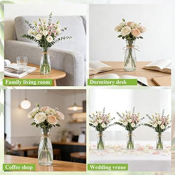 20 Pcs Plastic Flower Bud Vases Bulk with Twines Ropes, Small Mini Flower Vases for Centerpieces Decorative Plastic Clear Bottles for Wedding Reception Dining Table Home Decoration