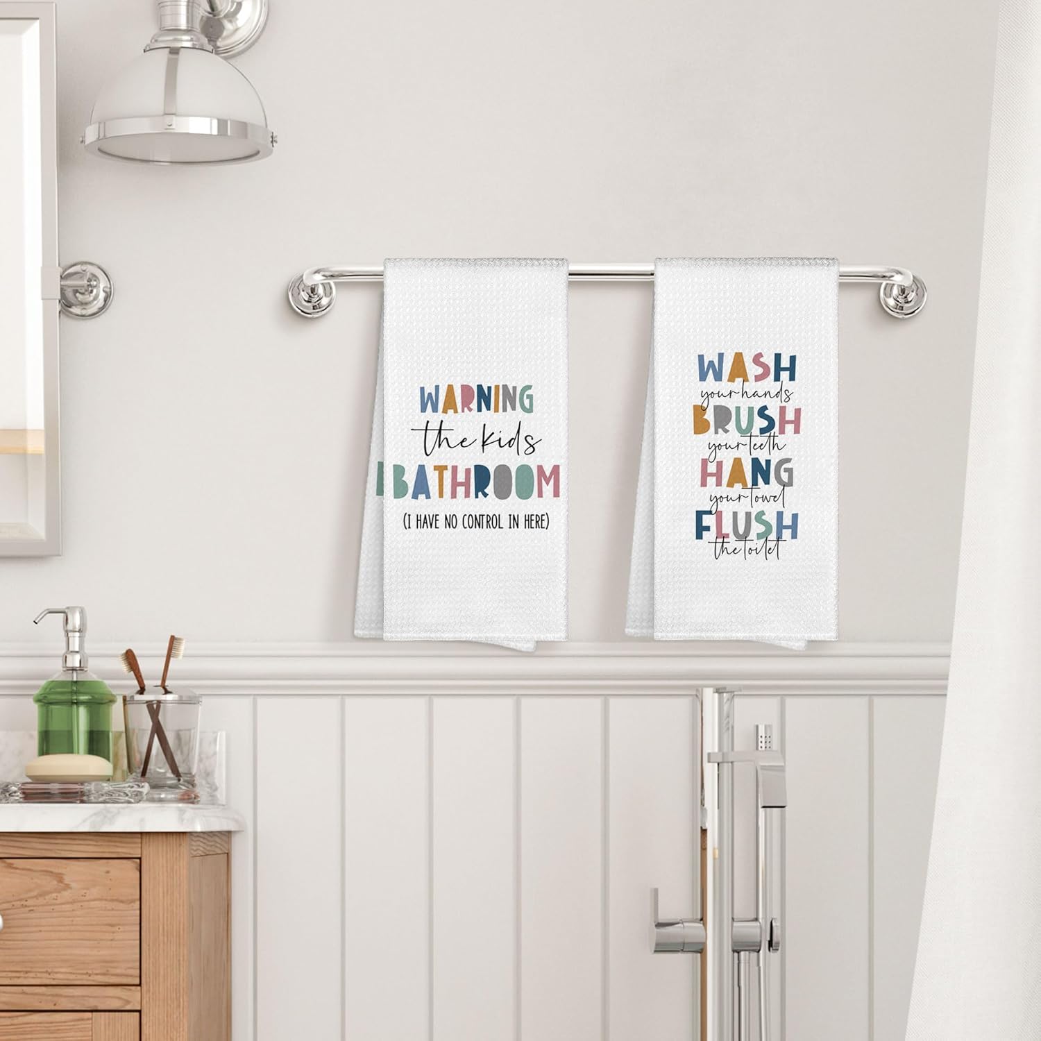 Kids Nursery Bathroom Decor Hand Towels 16x24 Set of 2, Wash Hands Brush Teeth Decorative Towels Gifts for Kids Baby Toddlers, Boho Flush Toilet Bathroom Kitchen Hand Towel Decor - Image 4