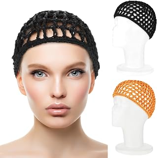 Sleep Hair Wrap Net 2 PC Breathable Knitted Sleeping Cap Snood Press Hairs Nets Wig Crochet Hairnet Cover Sew In Weave Locs Buns Maintenance Coverings for Hair Protection(Black/Orange)