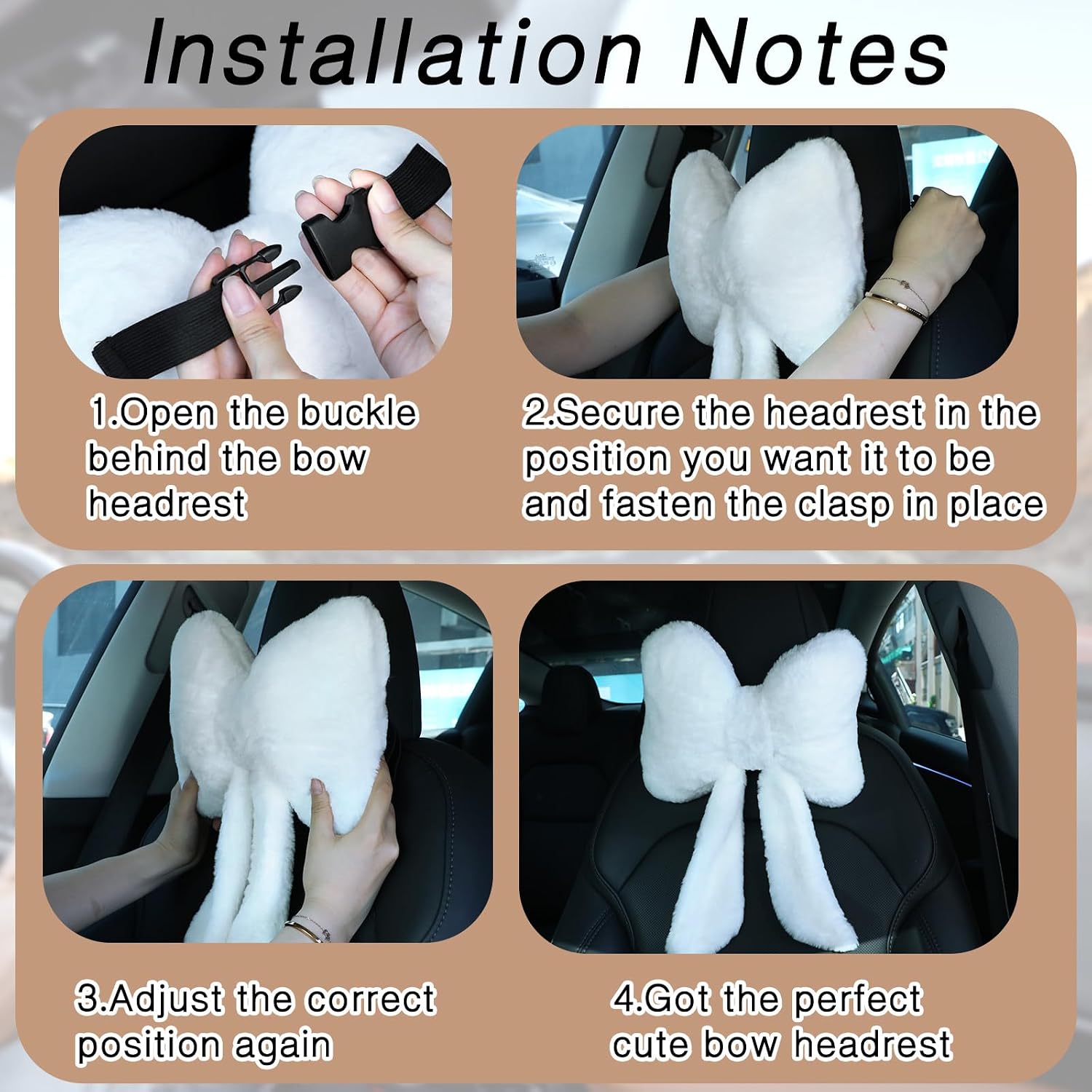 Macarrie 2 Pcs White Car Neck Pillow Bow, Plush Solid image 4