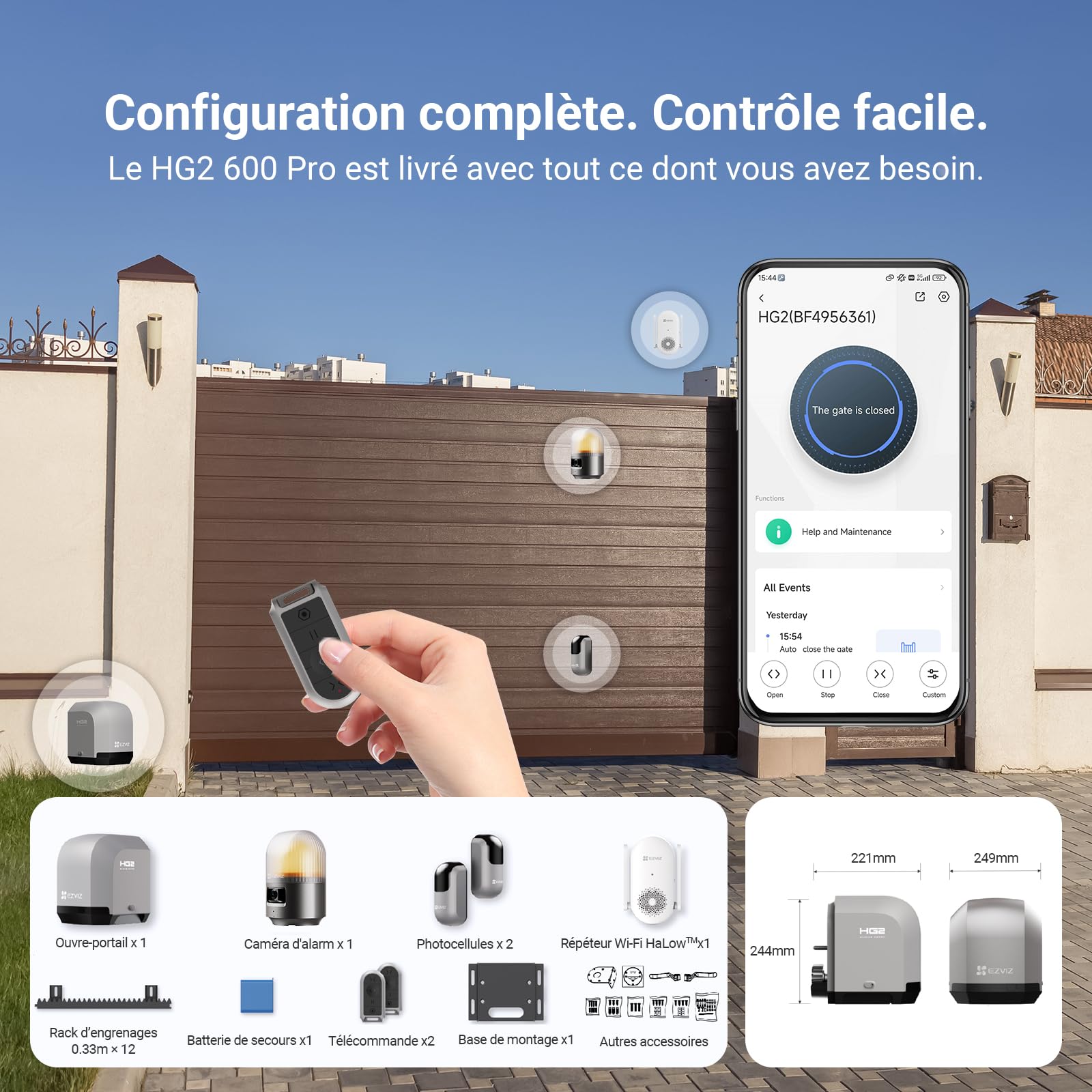 EZVIZ Moteur Portail Coulissant 600 kg,Ouvre Portail Auto HG2 600 Pro | Vantaux Max 8m, Caméra 2K d'Alarme,Détection d'Obstacles,Batterie de Secours,Télécommandes&Contrôle APP, Facile à Installer