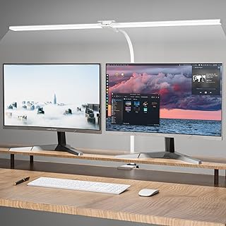 Lampe de Bureau LED Puissante, Dimmable Lampe Architecte à Double Tête avec Pince, 5 Modes de Couleur, Protection Yeux Lumière Bureau pour PC Travail, Étude, 80CM,Blanc