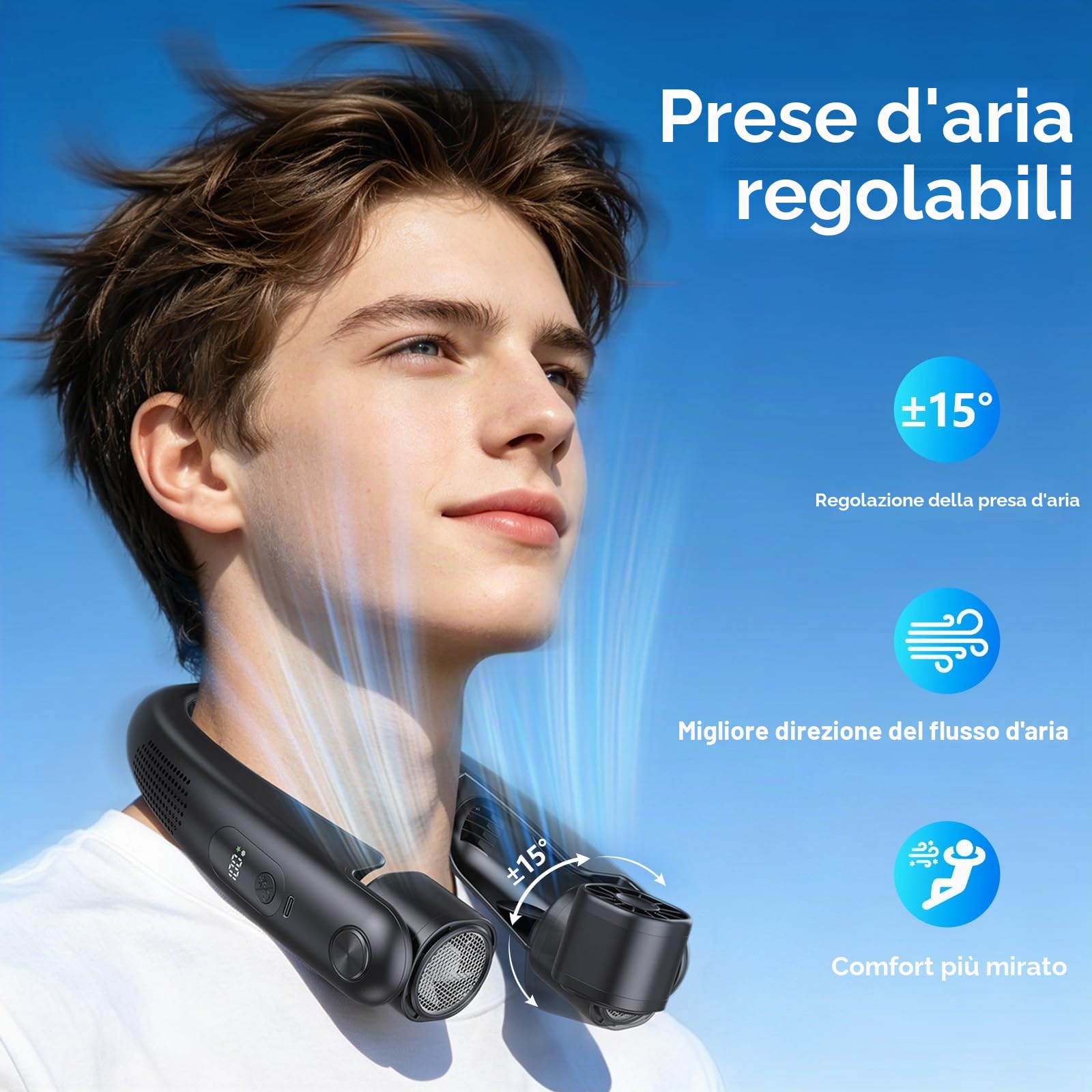 Ventilatore da Collo Senza Pale, Flusso d'aria a 360°, Ricaricabile Tramite USB, Ventilatore da Collo 6000mAh con Piastre Rinfrescanti, Regolazione della Velocità da 1 a 100, Uscite D'aria Regolabili