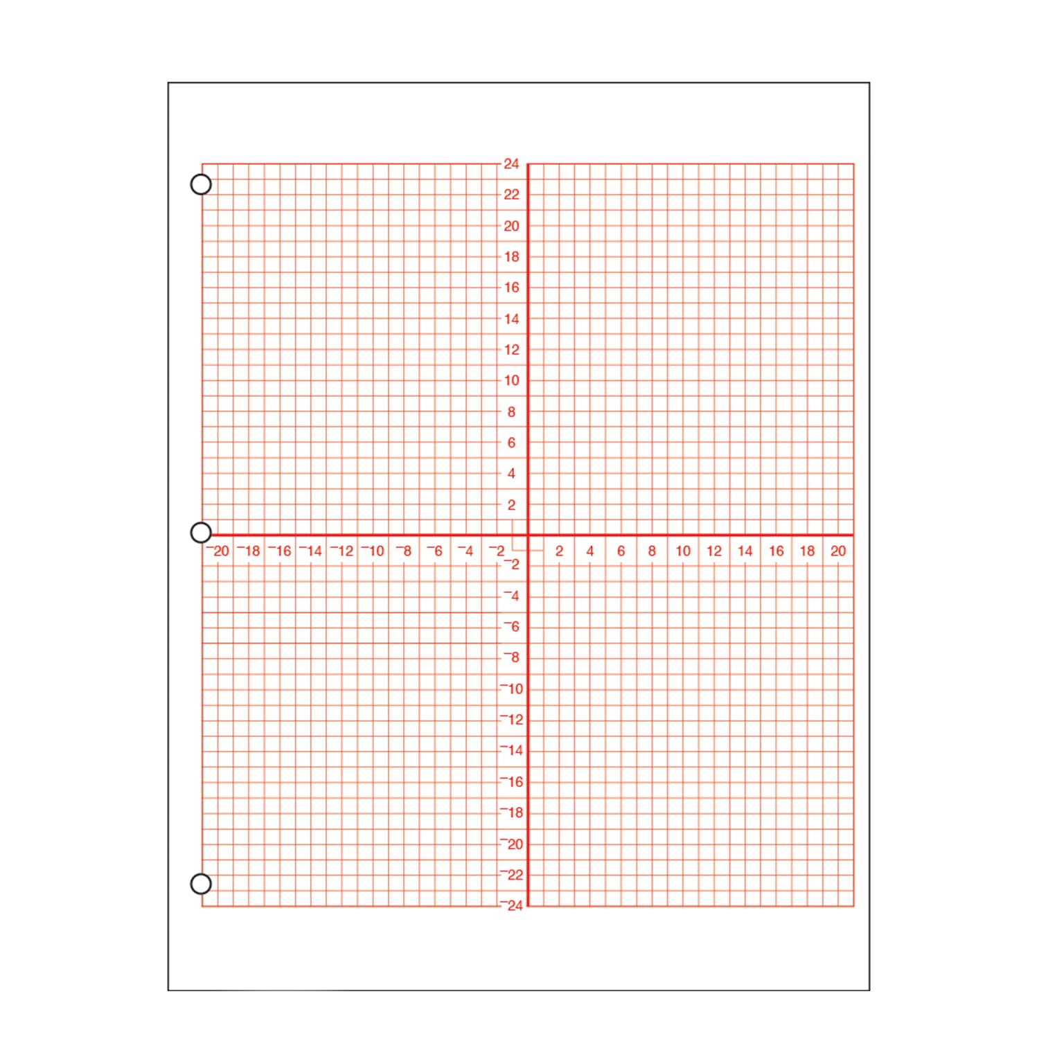 Numbered Axis Graph Paper, 4 Quadrant Grid With 3/16" Squares, Accentuated Axes, Double Sided, Red Lined, 500 Sheet Ream, Three Hole Punched