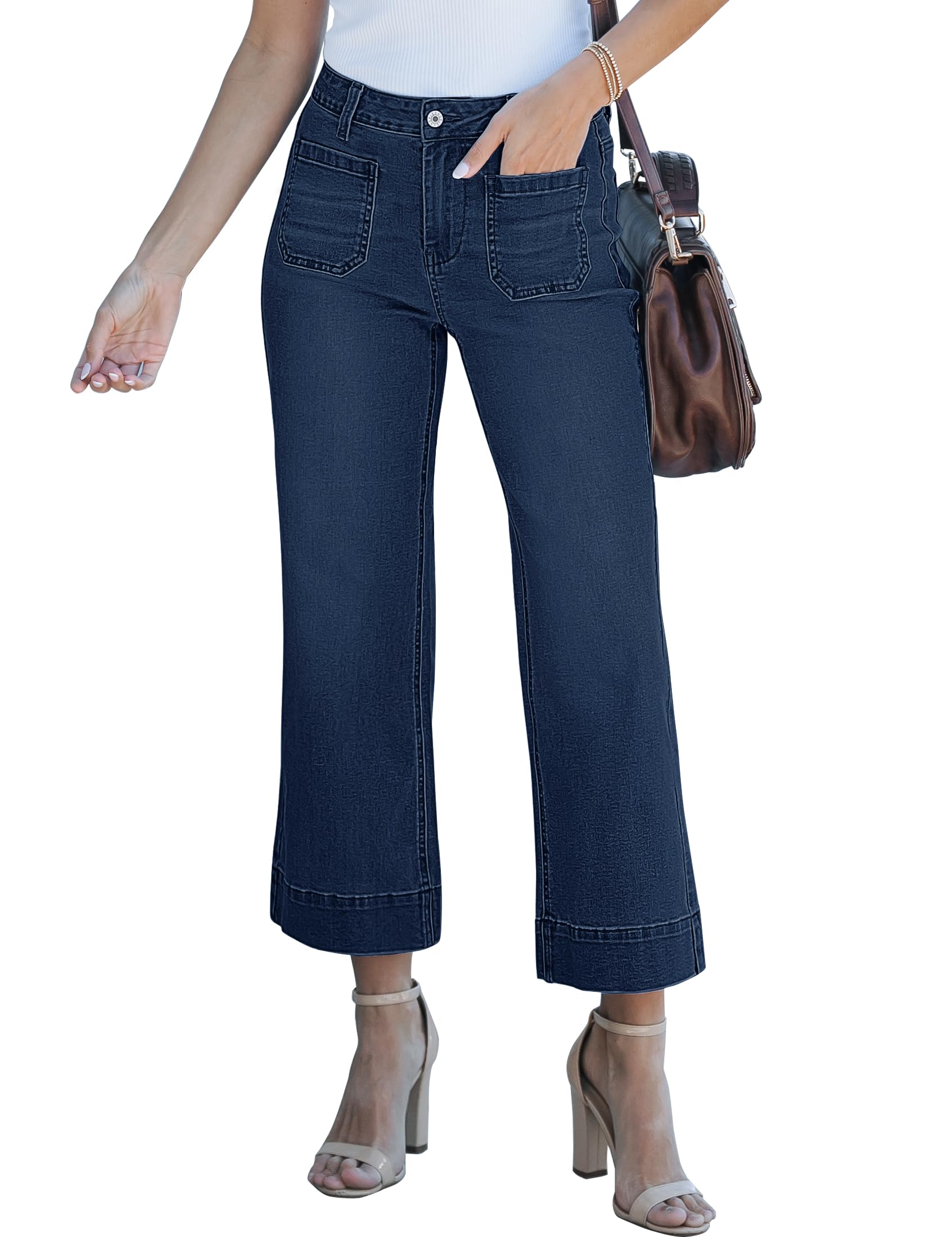 luvamia Wide Leg Jeans for Women Trendy High Waisted Flare Jeans Cropped Denim Pants Stretchy Baggy with Patch Pockets