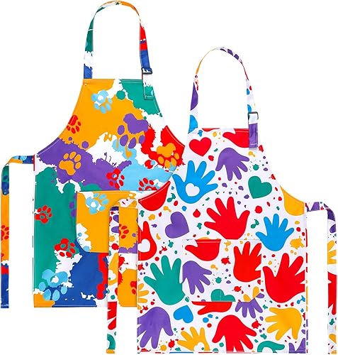 Paquete de 2 delantales para niños, bonitos delantales de cocina, delantal de arte impermeable con bolsillos, delantal ajustable para pintores para