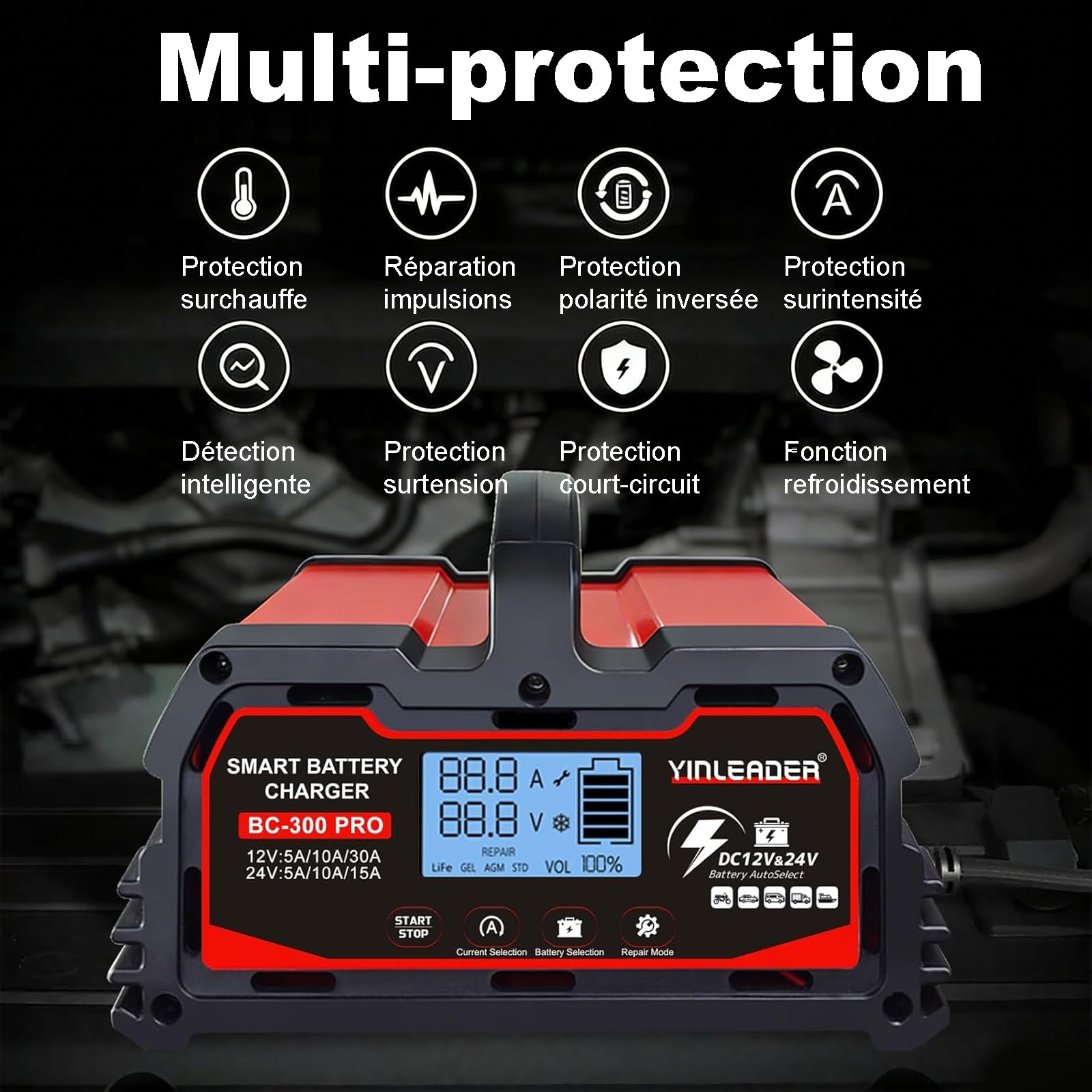Yinleader Cargador de batería de coche, 30 A, 12 V/24 V, totalmente automático, con pantalla LCD, modo de reparación para AGM Gel LiFePO4 plomo-ácido