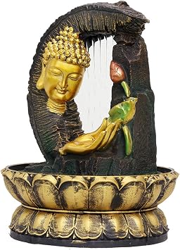 Buddha Tabletop Fountain Waterfall Function - Indoor Relaxation Water Fountain with Exquisite Smile Buddha Sculpture Statue and Lotus Base for Home and Office Decoration,A