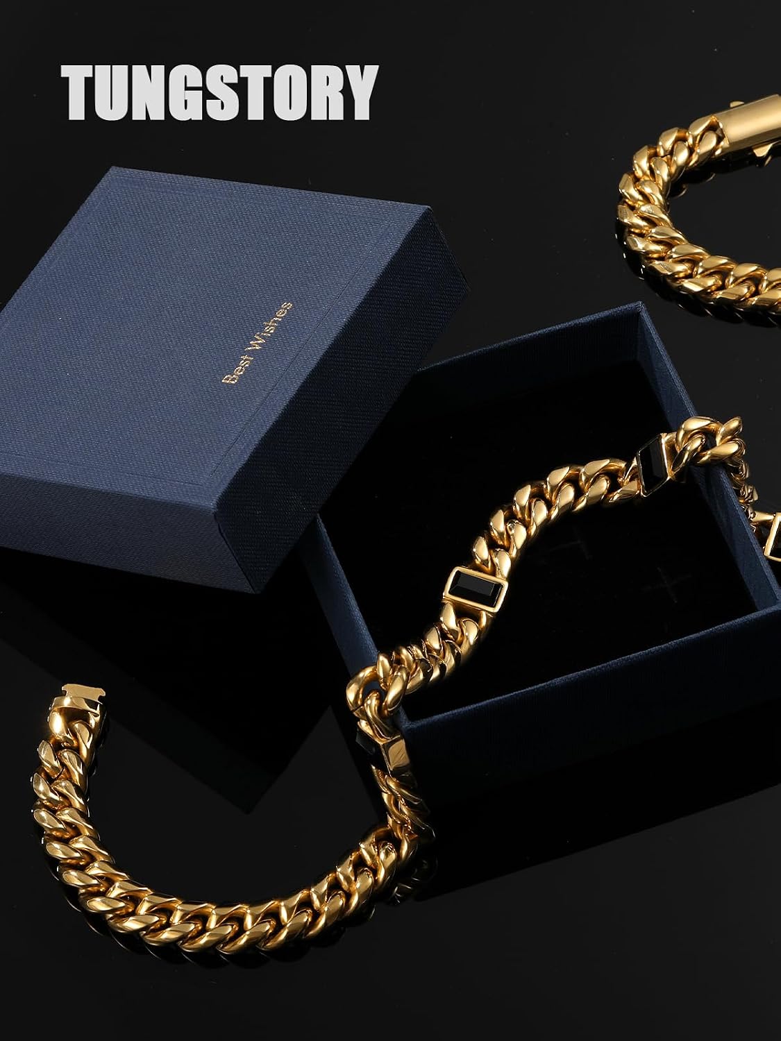 TUNGSTORY Men's 12mm Cuban Link Chain with Natural Turquoise/Black Onyx - 18K Gold Filled/Silver 316L Stainless Steel Necklace for Daily Wear - Waterproof & Hypoallergenic Jewelry Gift, 22 Inch