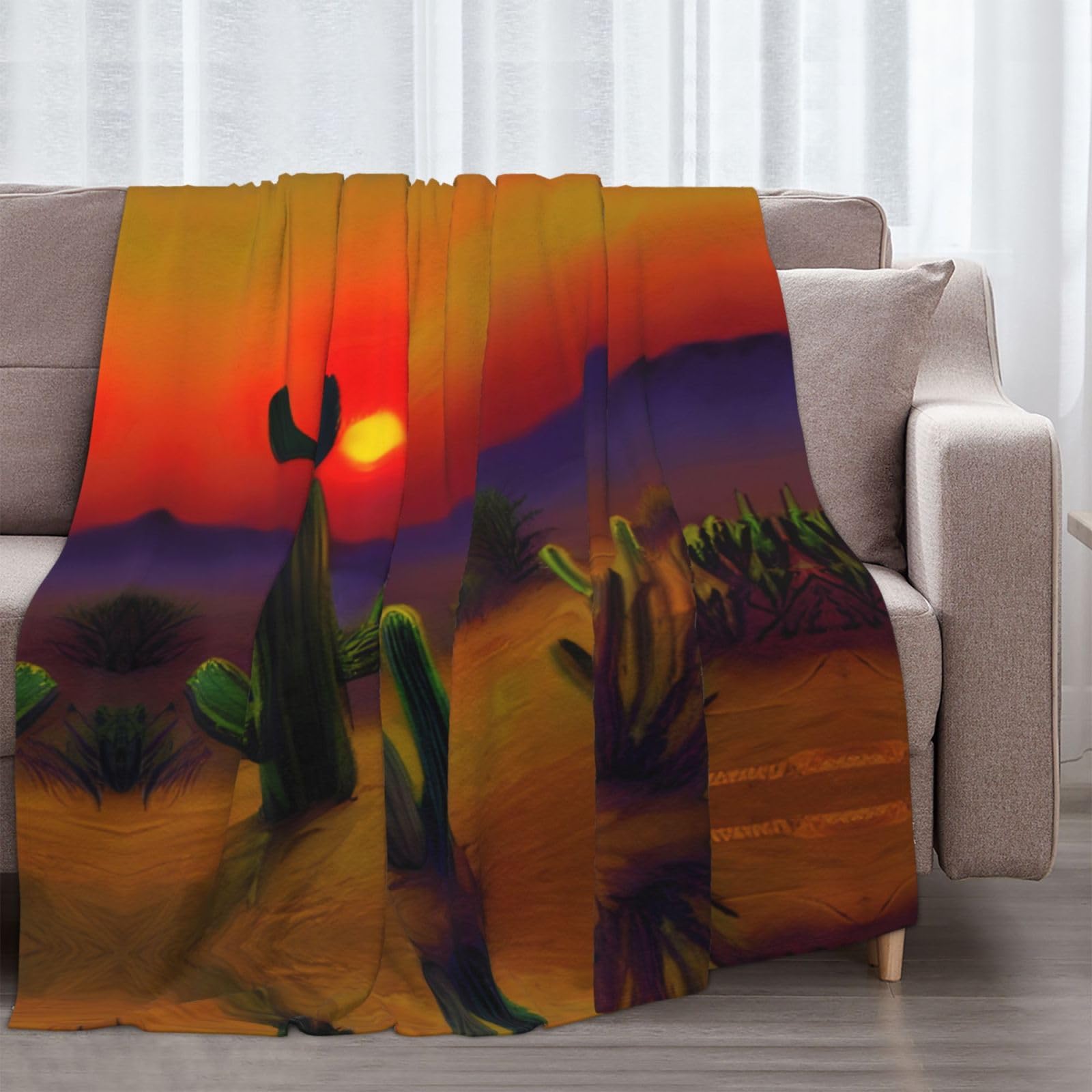 Couverture en flanelle avec imprimé cactus dans le désert - 177,8 x 203,2 cm - Confortable et chaude - Pour l'hiver - Pour camping ou voyage