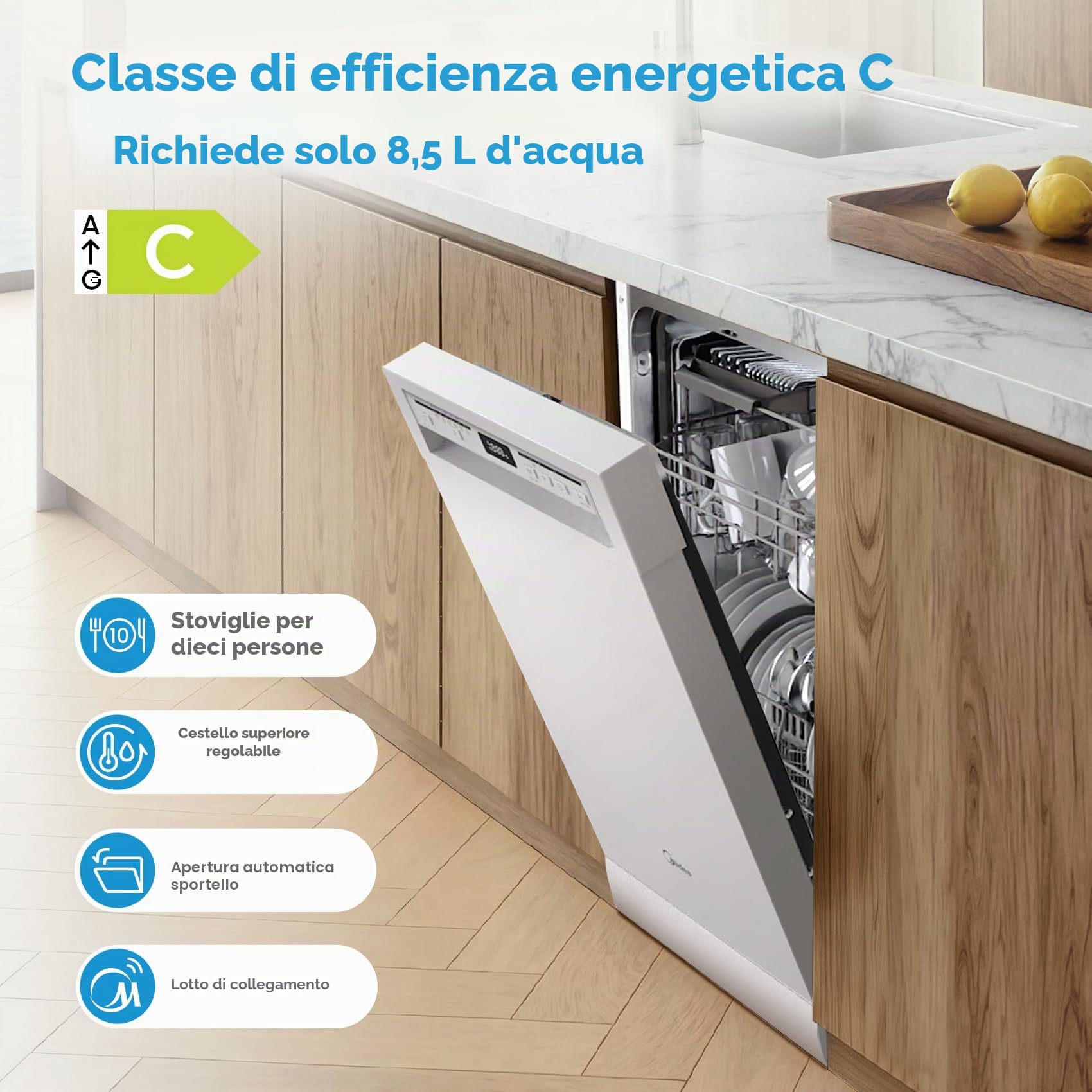 Midea SF 5.45NW10C Lavastoviglie 45 cm freestanding & sottopiano 10 controsoffitto, 7 programmi, lavastoviglie 45 cm con WIFI, 44 db, ritardo di avviamento, apertura automatica della porta, 63 kWh/100