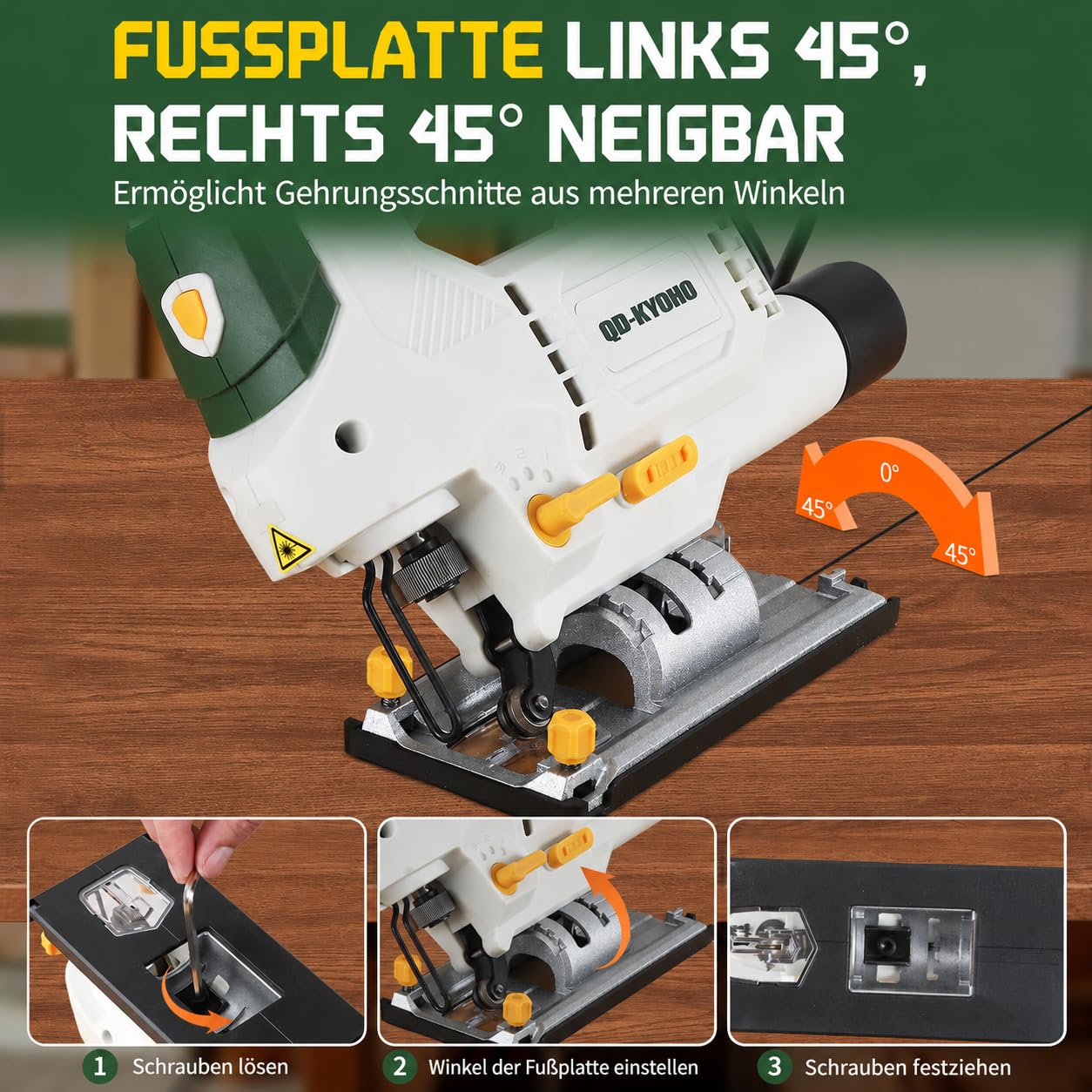 Stichsäge 800 W mit Laser und LED, 6 Geschwindigkeiten, 4 Pendelstufen, 100 mm Holz und 10 mm Metall, 45° Gehrungsschnitt, T-Schaft Schnellwechsel