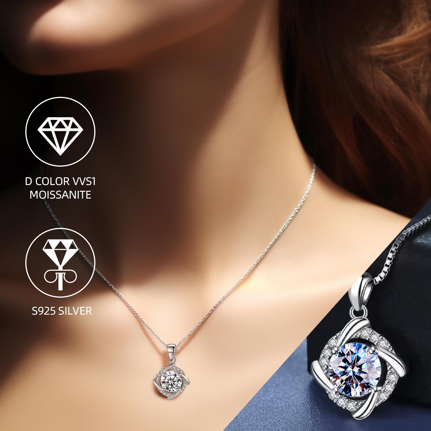 Naszyjnik damski z moissanitem, wisiorek, diament moissanit 1CT, hodowany w laboratorium, pokryty rodem, biżuteria wisiorek, z dołączonym pudełkiem prezentowym.