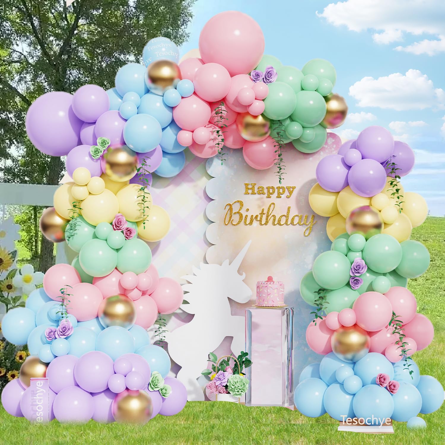 160pcs Pastel Rainbow Unicorn Balloon Garland Arch Kit,Macaron Blue Pink Green Yellow Purple Balloon for Rainbow Unicorn Theme Birthday Baby Shower