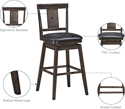 Miniatura 7 de COSTWAY Taburete de bar clásico marrón, 29" de altura, asiento de cuero de PVC, acabado de nogal, giro de 360 grados, capacidad de 264 libras