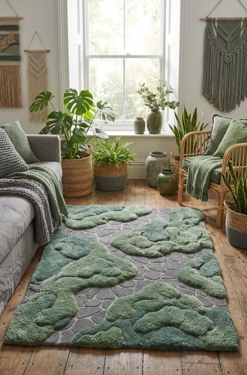 3D Pebble Stone Area Rug, Green Beige and Blush, Fluffy Tufted, Irregular Shape, Living Room Decor (Green with Grey, 8' x 10' Feet)
