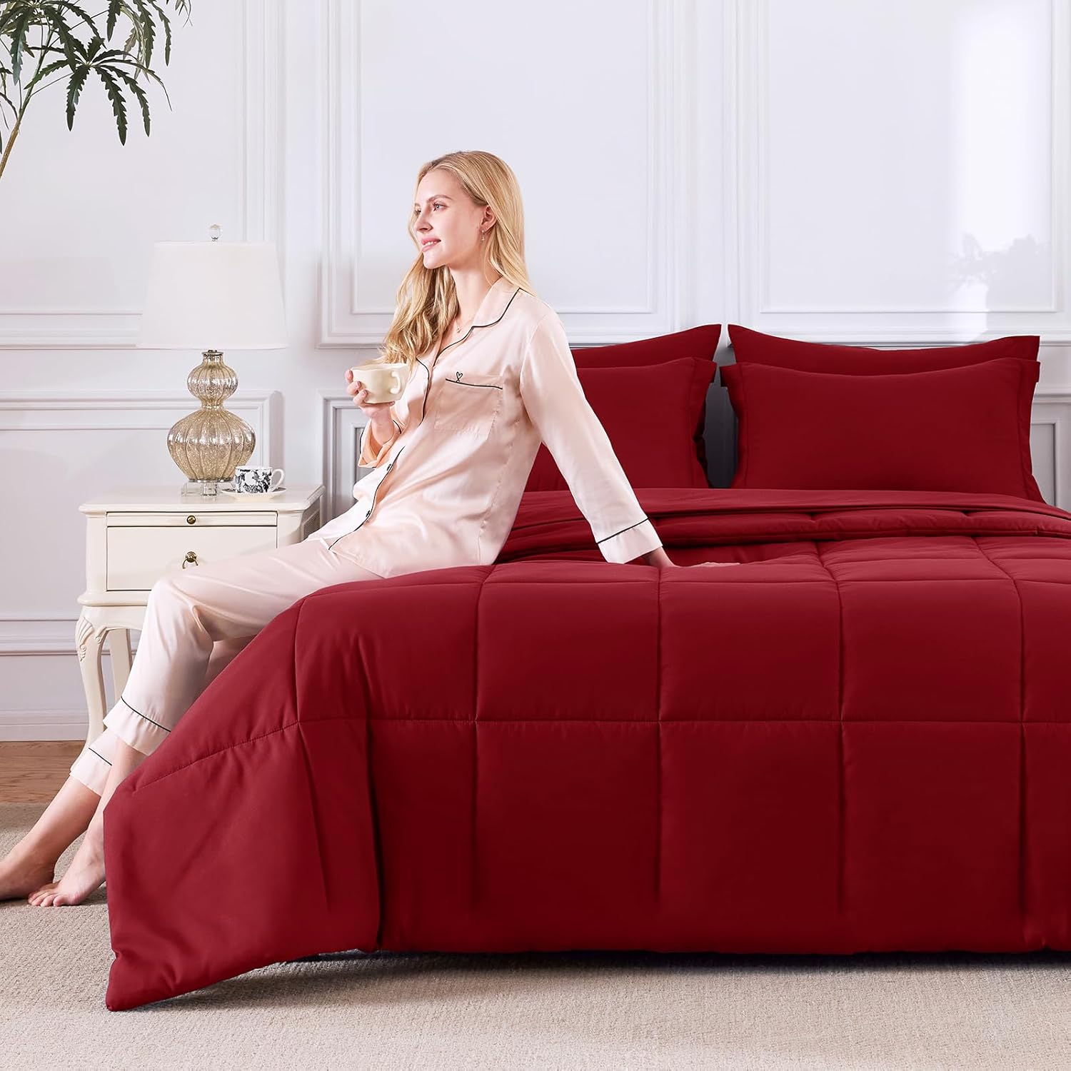 CozyLux Queen Comforter Set Dark Red - 7 Pieces Bed in a Bag Queen, All Season Breathable Bedding Sets, Oeko-Tex Certified Bed Set with Down Alternative Comforter, Sheets, Pillowcases & Pillow Shams