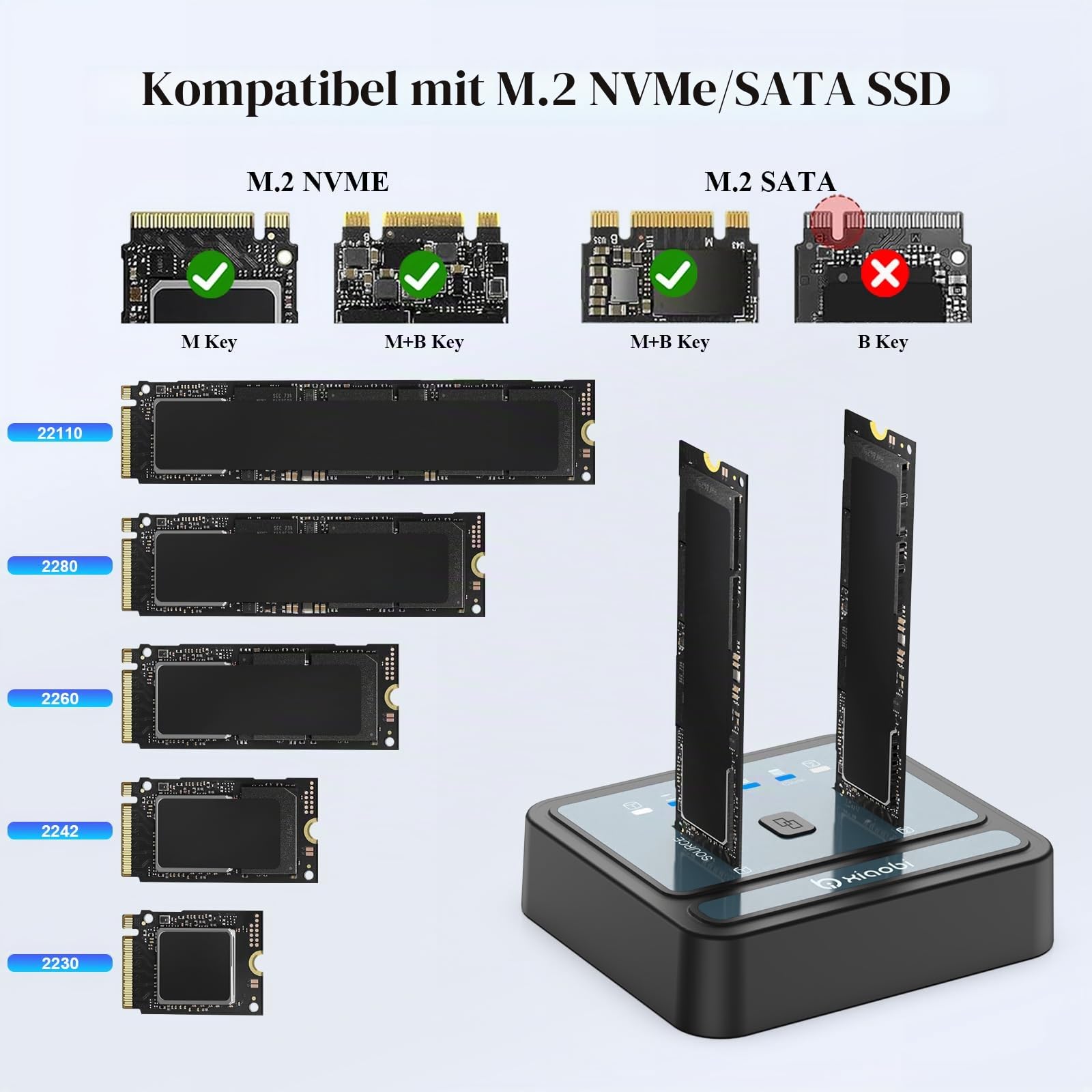 M.2 NVMe/SATA SSD Cloner, M.2 Duplikator 2-Bay Festplattengehäuse, werkzeuglos 20Gbps USB3.2 Gen 2X2 Festplattenleser für NVMe SATA SSD Unterstützt Offline Clone, UASP und Trim