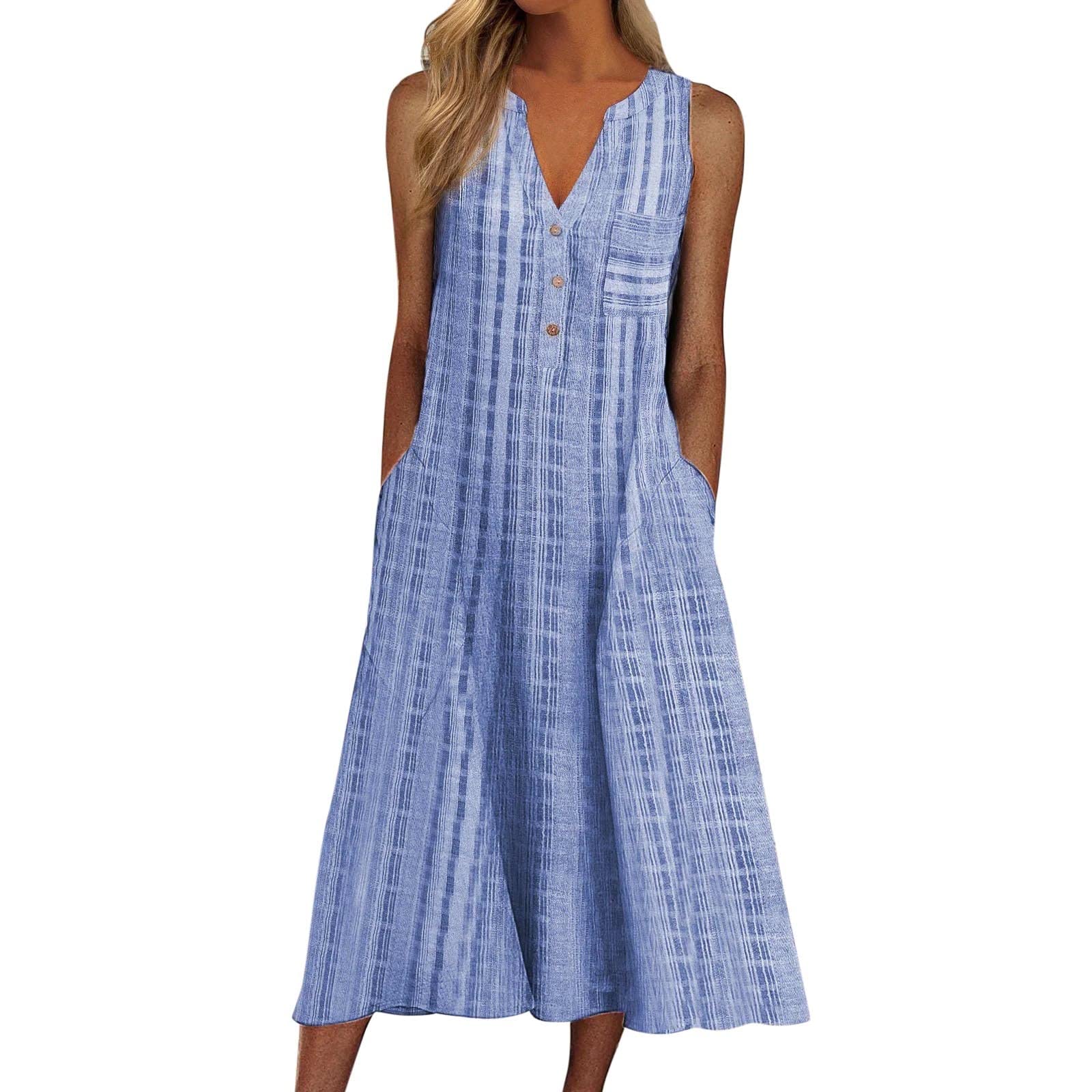 Women Casual Summer Stripe Button V Neck Sleeveless Pocket Long Dress Holiday Dress Floral Beach Party Sundress Midi Dress, Blue