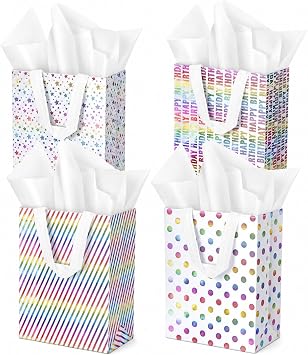 Ranfashiong 4 Pcs 10" Medium Size Birthday Gift Bag with Tissue Paper, Reusable Non Woven Totes Bags with Handle for Boys, Girls, Baby Shower Party Supplies