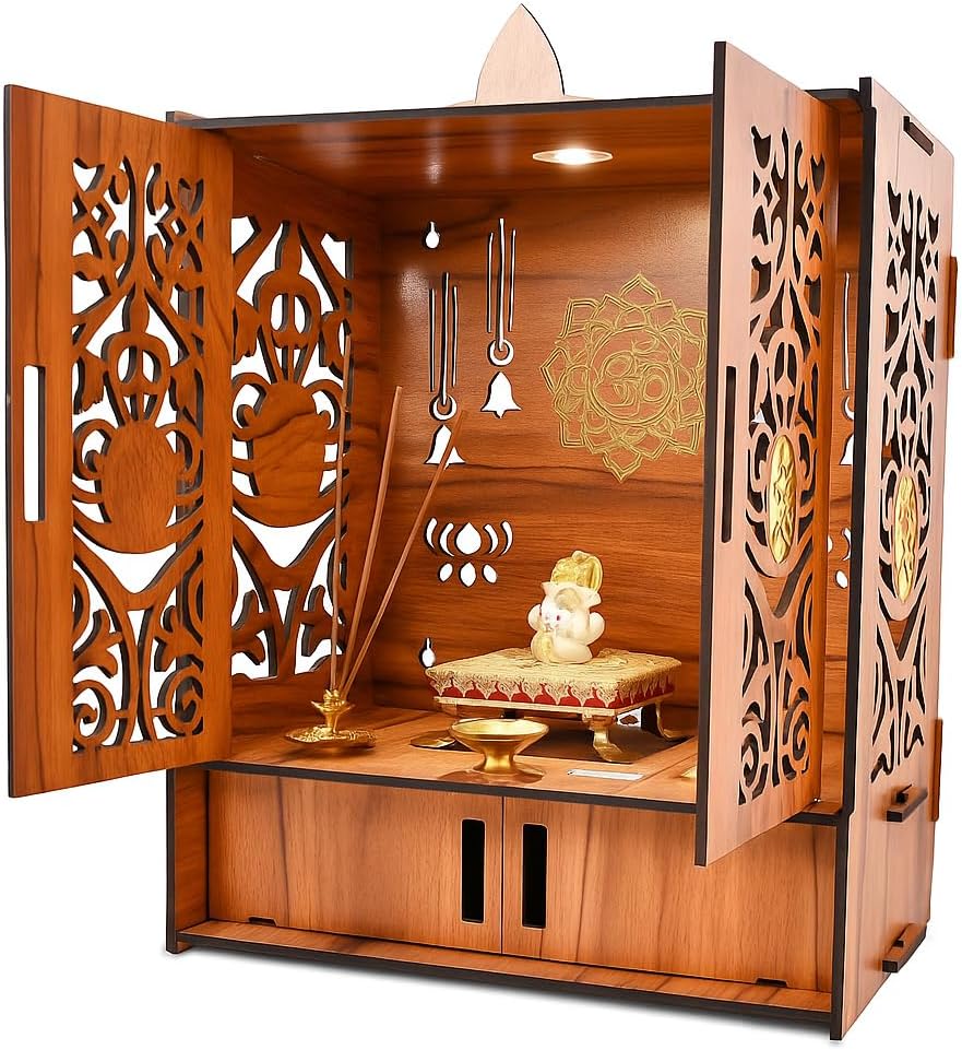 Wooden Temple Mandir for Home,Office, etc with Cabinets |Assembly- Required|Pooja Unit with Storage Space|Good LED Light and Wall Mounts | Pooja Mandir,for Home Big Size(H-17.6, L-11.2, B-10.8 inch)