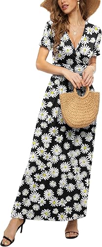 Miniatura 3 de LILBETTER Vestido de verano de manga corta para mujer, vestido maxi con cintura envolvente con bolsillos