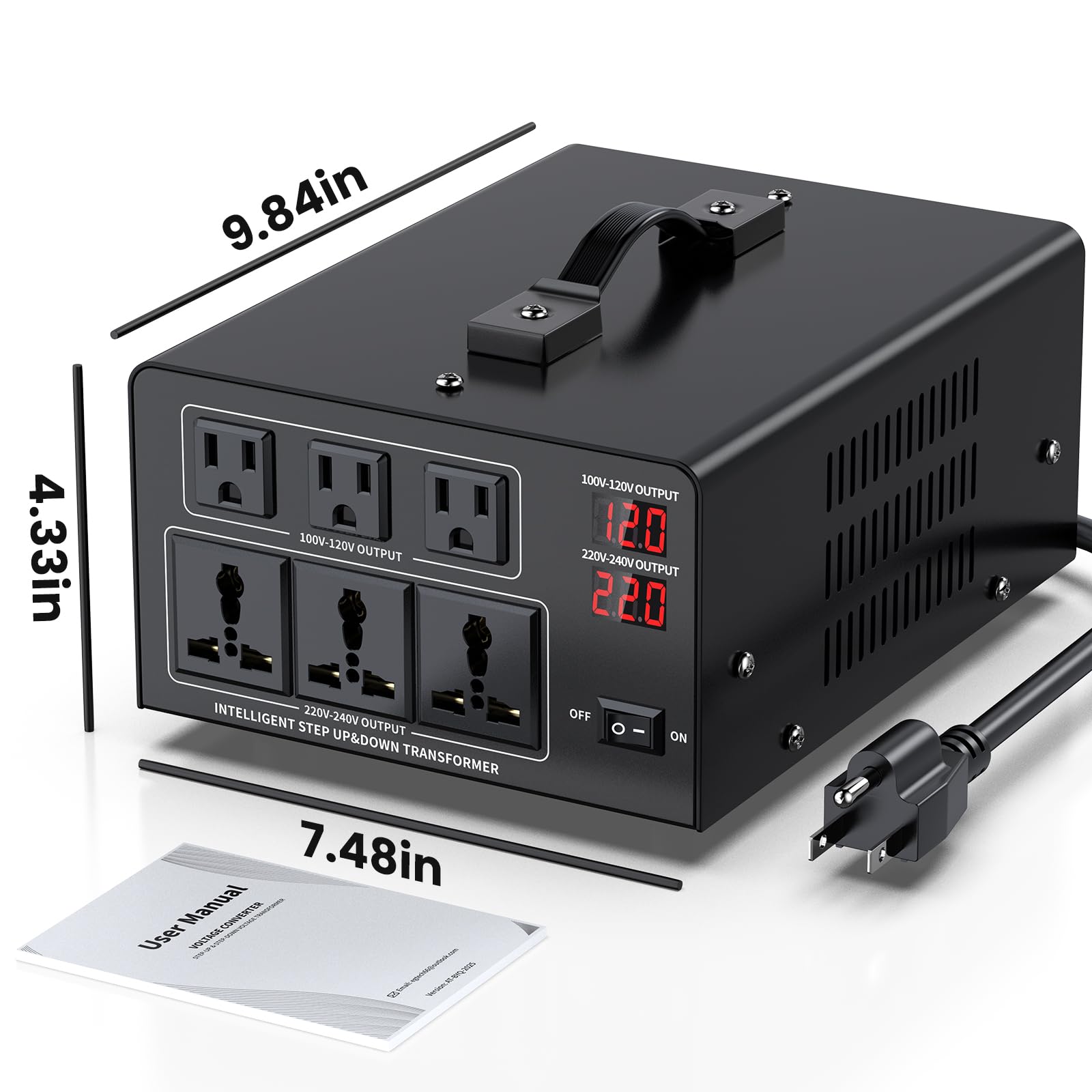 Convertidor de voltaje de 8000 W, transformador de 110 V/120 V a 220 V/240 V o reductor de 220 V a 110 V CA, protección de disyuntor, 3 enchufes de EE. UU., 3 enchufes universales, pantalla LCD