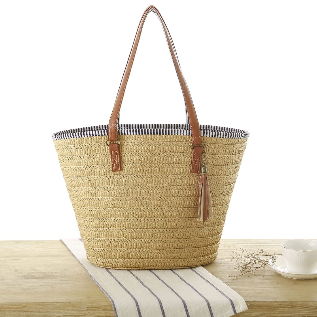 Bolso de paja Bolso de playa de verano Bolso de hombro para mujer con asas de cuero Bolso de borla Bolso cruzado Bolsa de compras Bolsa de manualidades para viajes (Marrón)