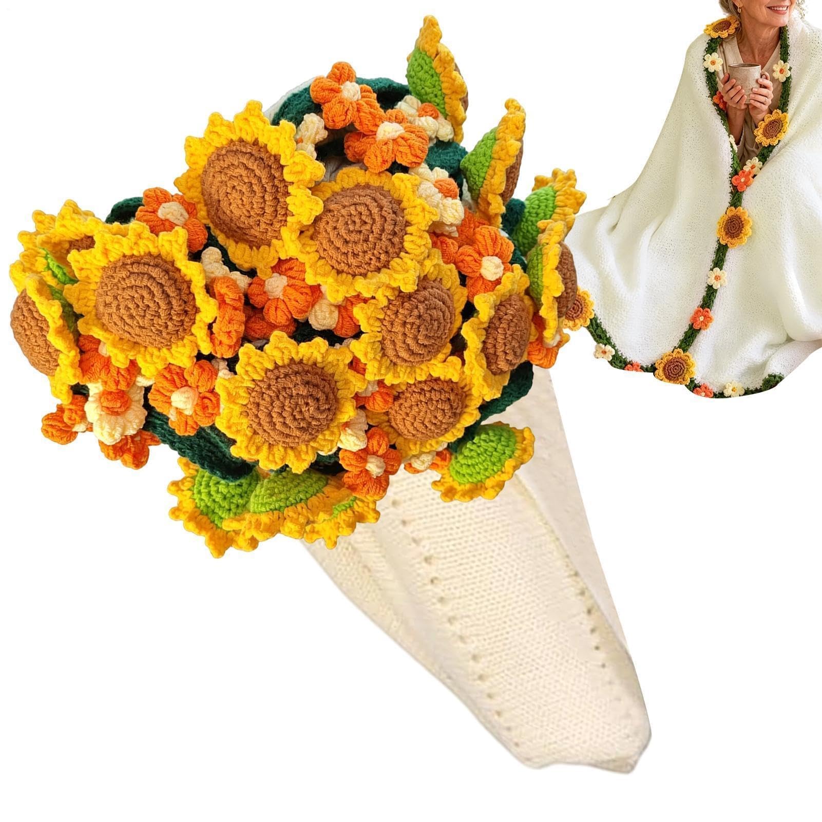 Flower Blanket Bouquet | 31.5in Knitted Sunflower Soft Yarn - Warm Shawl Crochet Flowers | for Friend Mom Sister Grandma Girlfriend Teacher Birthday Valentine's Day