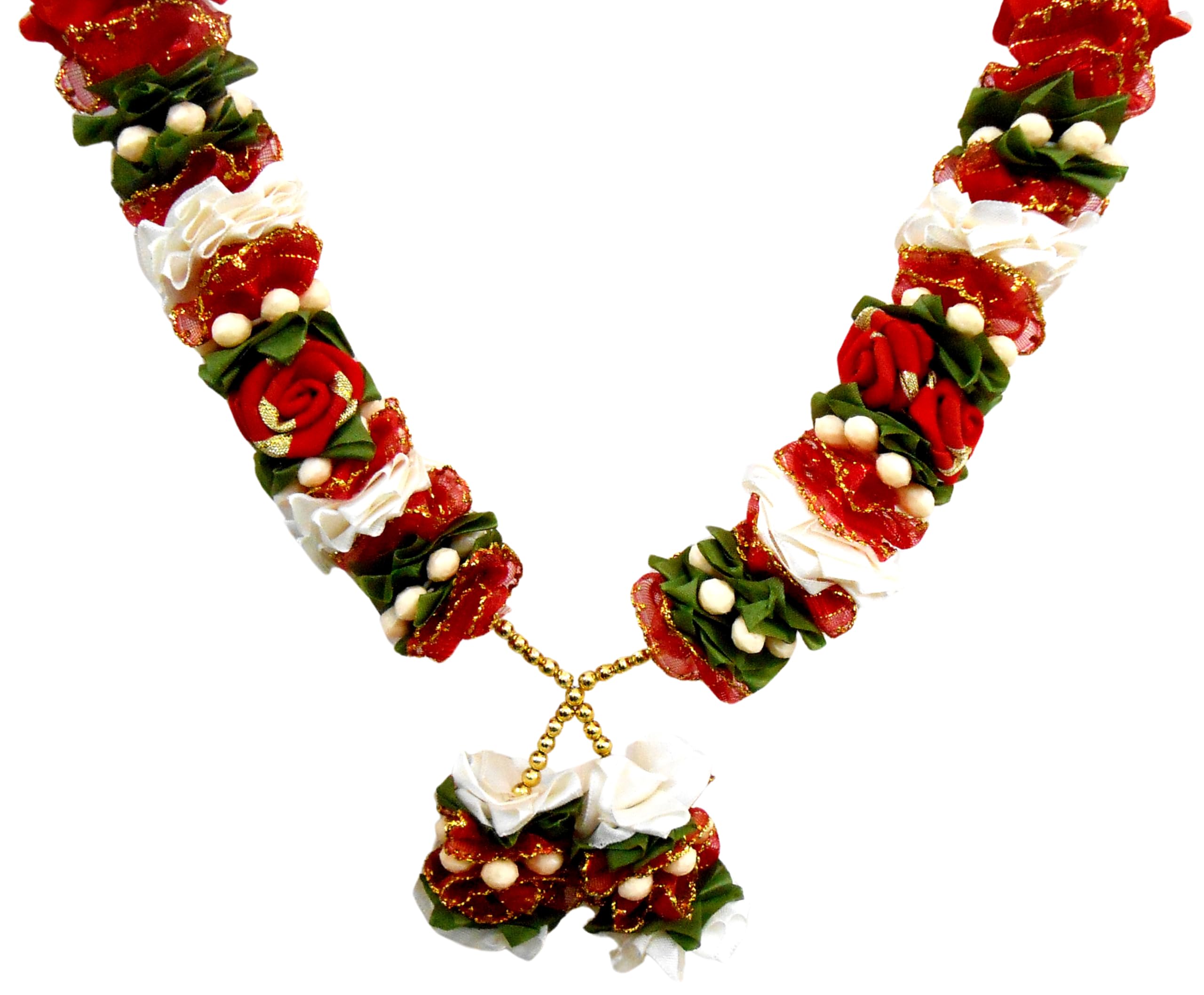 Craftsofindia® Red and White Large Reusable Satin Ribbon Floral Garland Haar Mala for God Idol, Photo Frame Decorated with Motifs