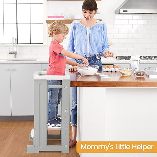 Miniatura 9 de Taburete de cocina para niños con pizarra blanca, torre para niños pequeños con 4 alturas ajustables y riel de seguridad, taburete de aprendizaje