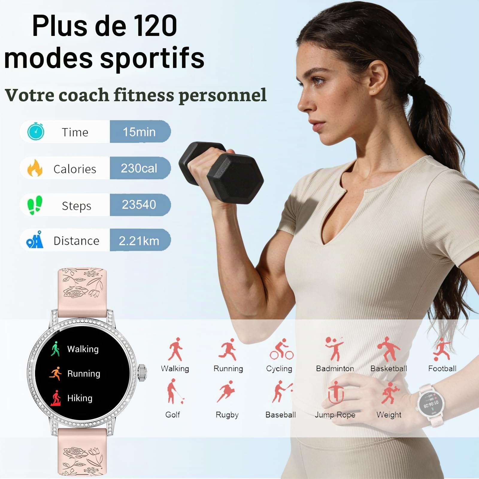 Montre Connectée Femme avec Diamant,3 Bracelets,1,27" HD appels Bluetooth Smartwatch,Fréquence Cardiaqu/Sommeil/SpO2/Féminine/Calories,IP68,120+ Sportif Podomètre Tracker pour Android/iOS,Argent