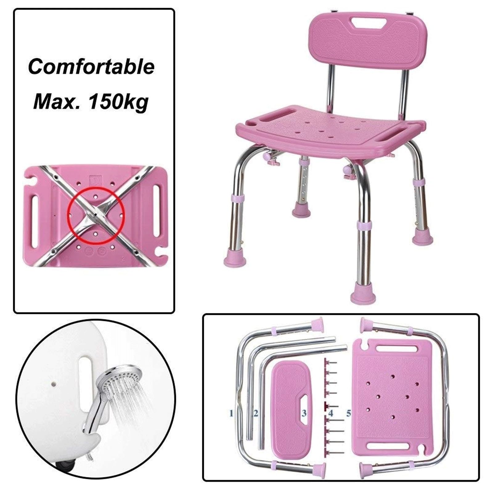 Silla de ducha antideslizante, asiento de bañera con respaldo, capaz de transportar 330 libras, altura ajustable, adecuada para sillas de ducha estilo banco para ancianos y discapacitados (rosa)