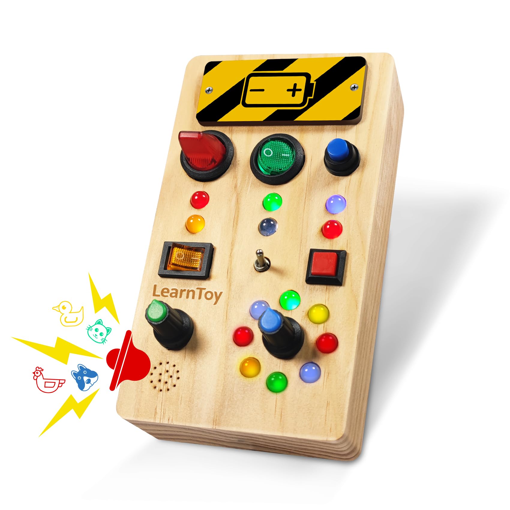 Montessori Wooden Busy Board for Toddlers 1-3 Years - Sensory Learning Toy with LED Light Switches & Trumpet Horn - Portable Travel Activity Board for Baby Development