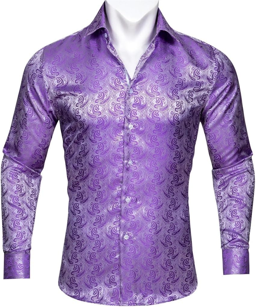 Fashion Violet Silk Men Shirt Four Seasons Paisley Lapel Long Sleeve Embroidered Fit Party Wedding