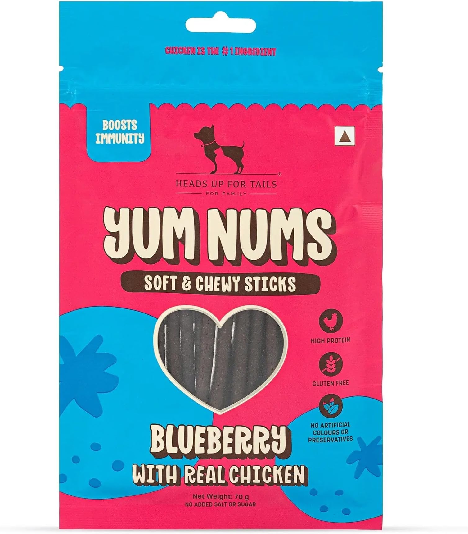 Yum Nums by HUFT Soft & Chewy Sticks - Blueberry & Chicken - 70gm | Dog Treats for Puppies & Adults | Training Treats | Healthy Dog Snacks | Puppy Treats for Small Dogs