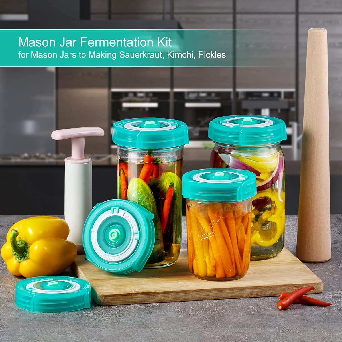 Mason Jar Fermentation Lids Weights And Pump Full Kit Of 4 Airlock Fermentation lids, 2