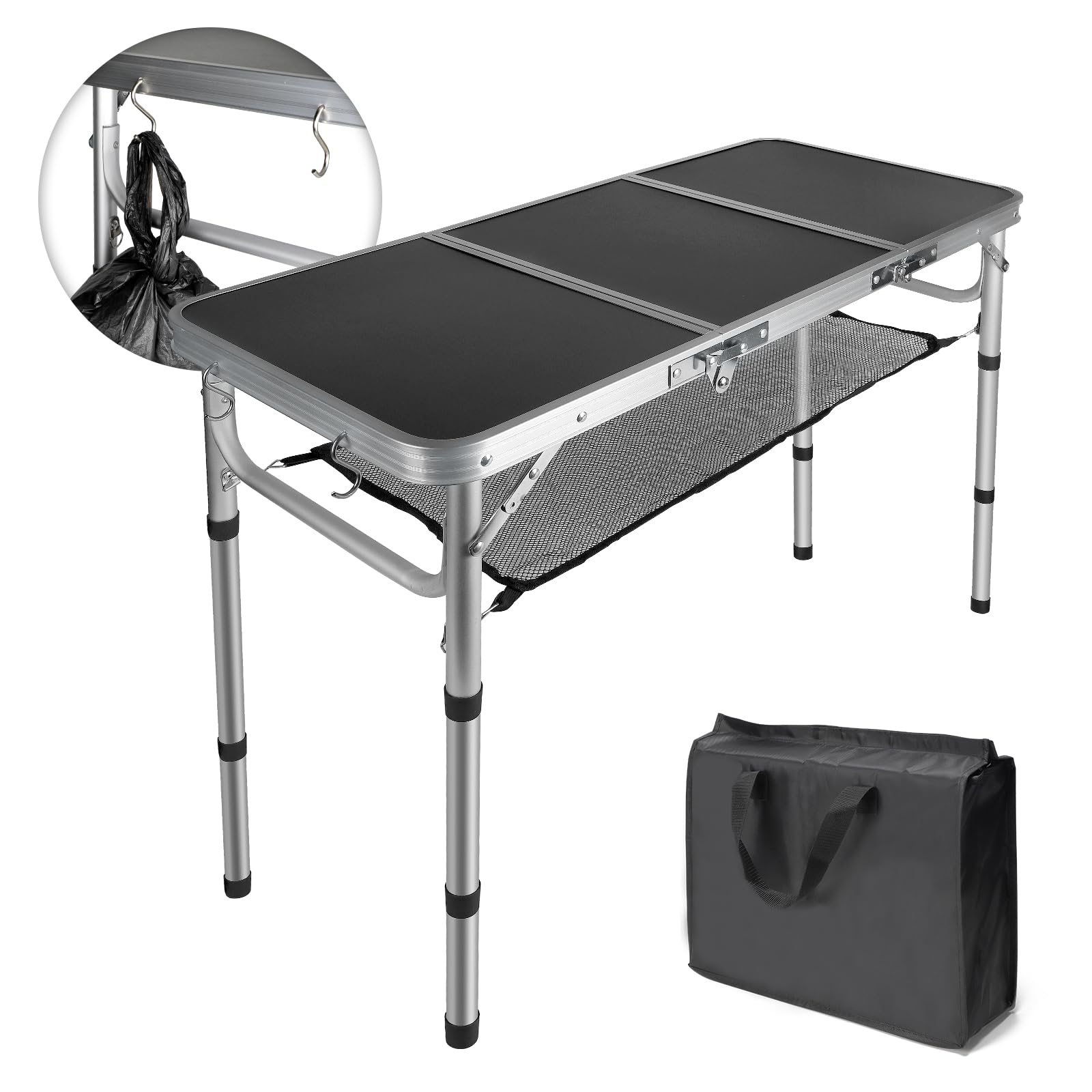 CPROSP Mesa de Camping Plegable Portátil 90 * 40cm, Negro de Picnic Al Aire Libre, Altura Ajustable 26-70 cm, con Red de Almacenamiento, Bolsa de Transporte Incluida Mesa de Aluminio MDF 4 Personas