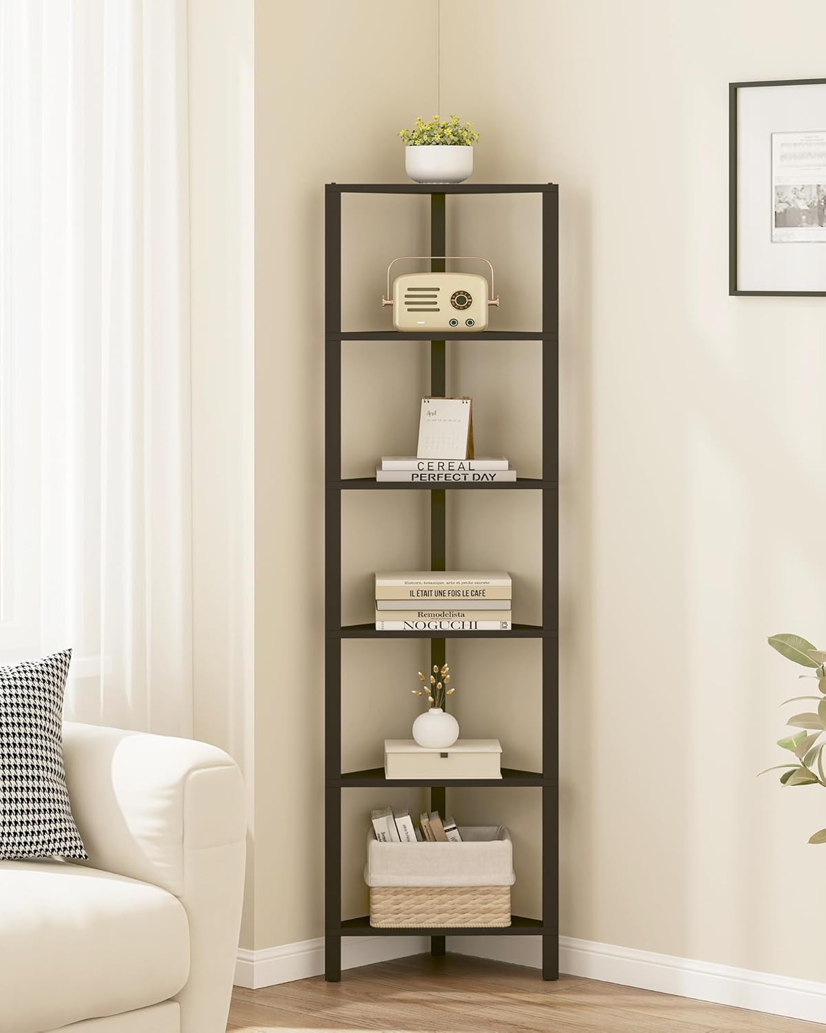 TUTOTAK Corner Shelf, 6-Tier Corner Bookshelf for Small Space, Narrow Display Corner Shelf Stand with Storage Rack, for Living Room, Bedroom, Black BS05BK006