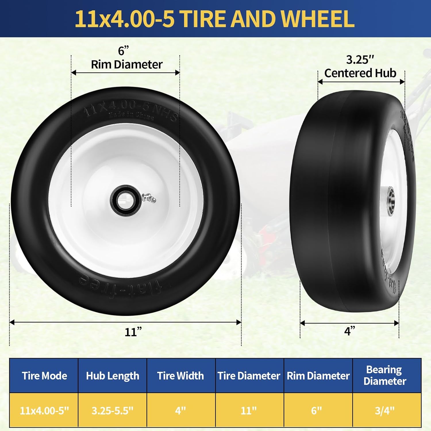 11x4.00-5 Flat Free Tire and Wheel Assembly,Tubeless Tire Fits Zero Turn Lawn Mowers,3.4"-5.6" Centered Hub,3/4" or 5/8" or 1/2" Bushing,Come with Universal Adapter Kit, Set of 2