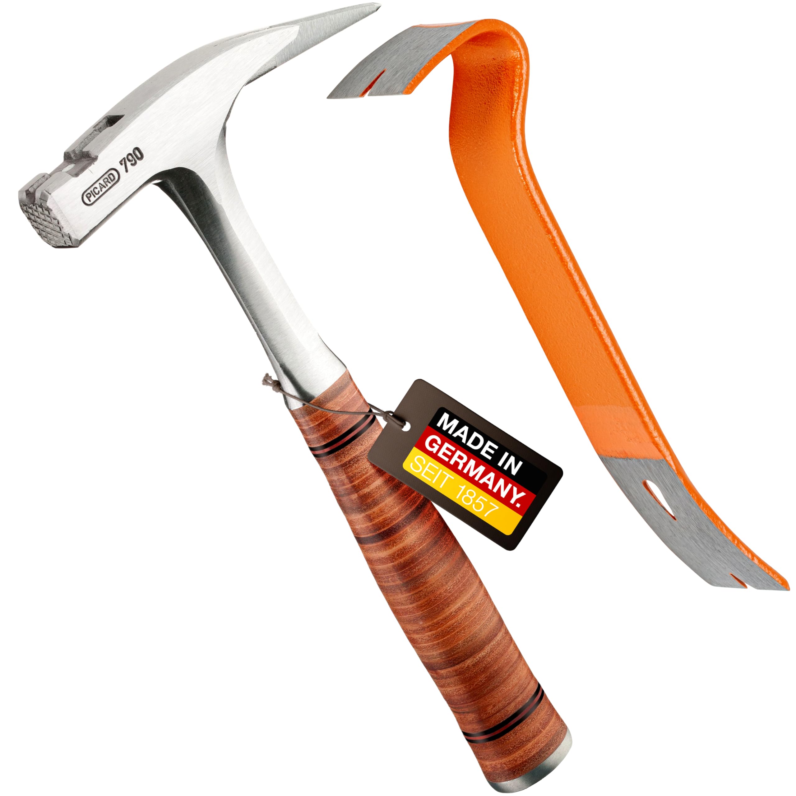 PICARD Martello da carpentiere, superficie scanalata , n. 790 + Pied-de-biche BlackGiant® + Adesivo | Martello da carpentiere professionale 800 g | Magnete porta chiodi | Martello