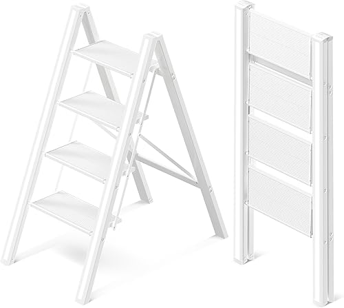 GameGem Escalera de 4 escalones, taburete plegable de aluminio con pedal antideslizante resistente y ancho, escalera portátil ligera para uso en el