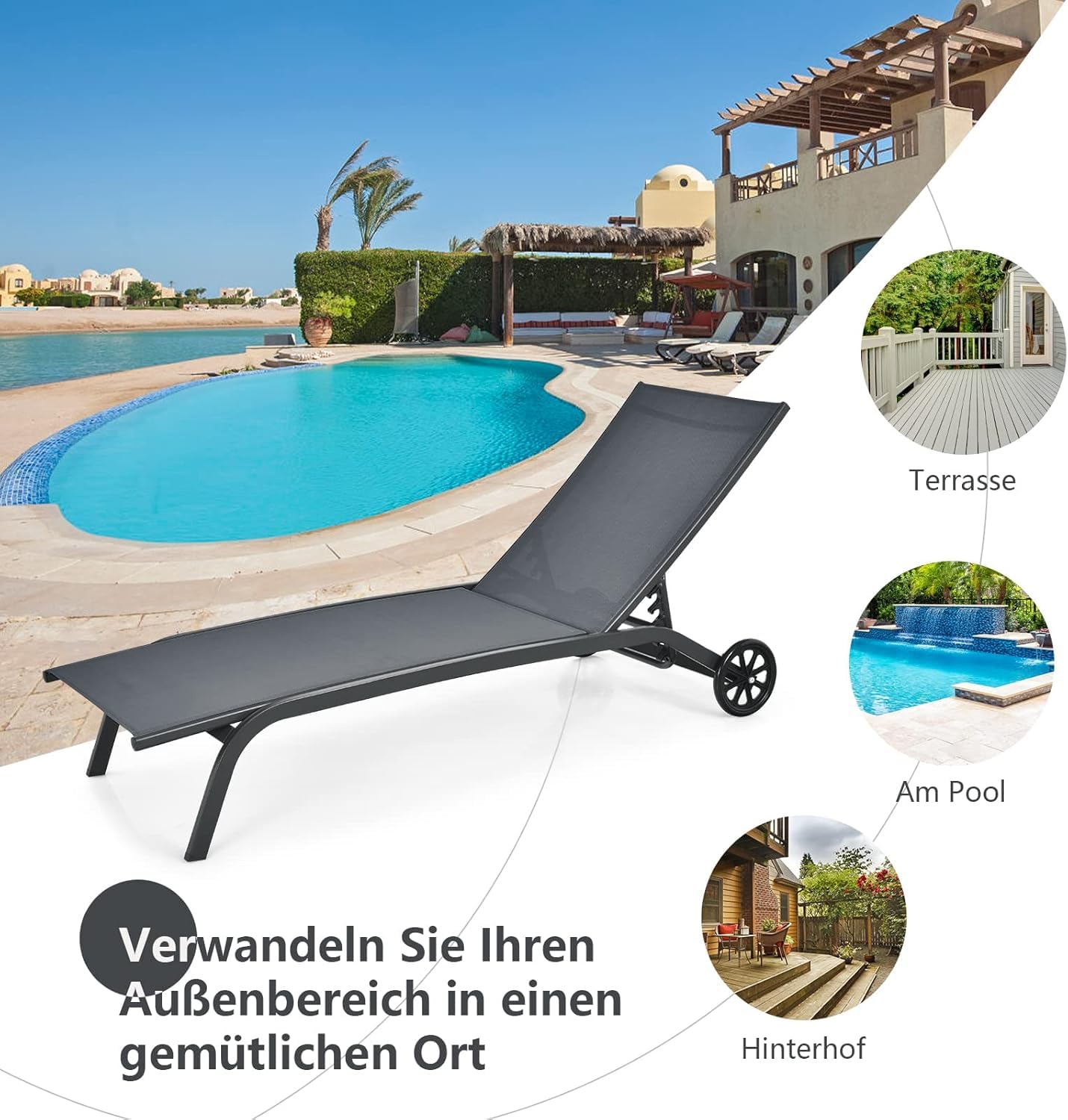 GOPLUS 2er Set Sonnenliege mit Rollen, Gartenliege wetterfest, Liegestuhl, Relaxliege mit 6-stufig Verstellbarer Rückenlehne, bis zu 150kg belastbar, Sonnenliege für Terrasse, Garten, Pool, Grau